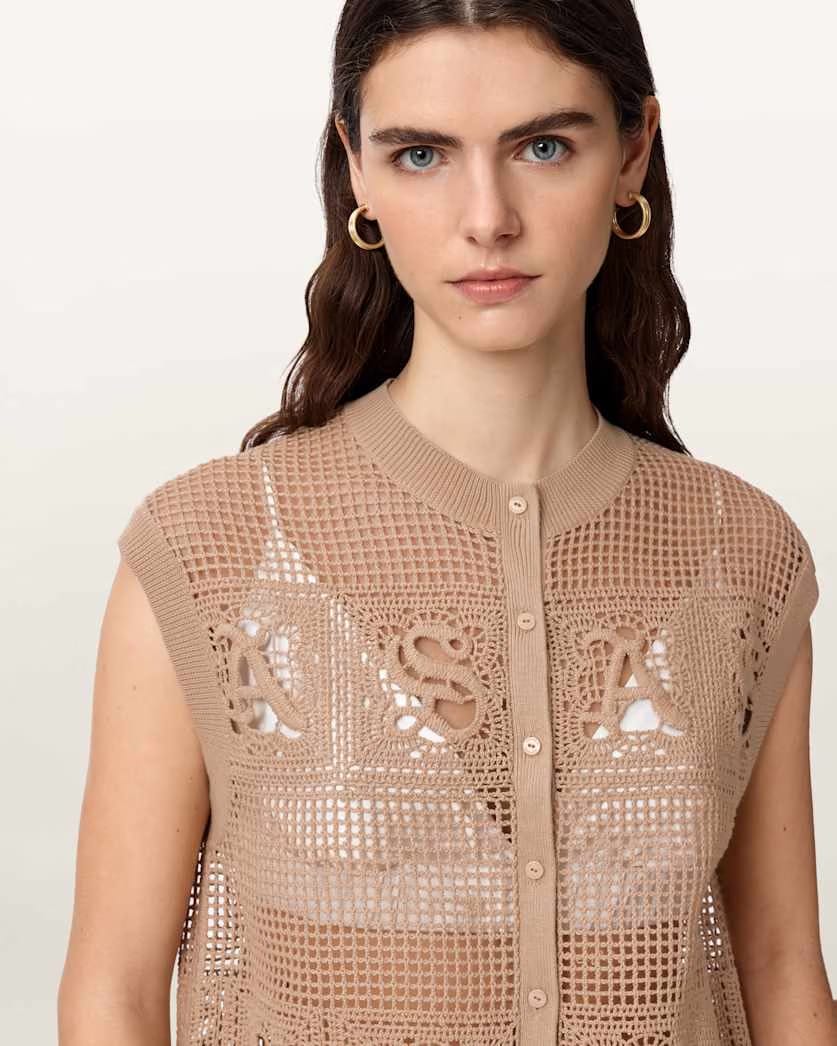 AllSaints Kyra Open Knit Crochet Cotton Vest Women's Plaster Pink Women's