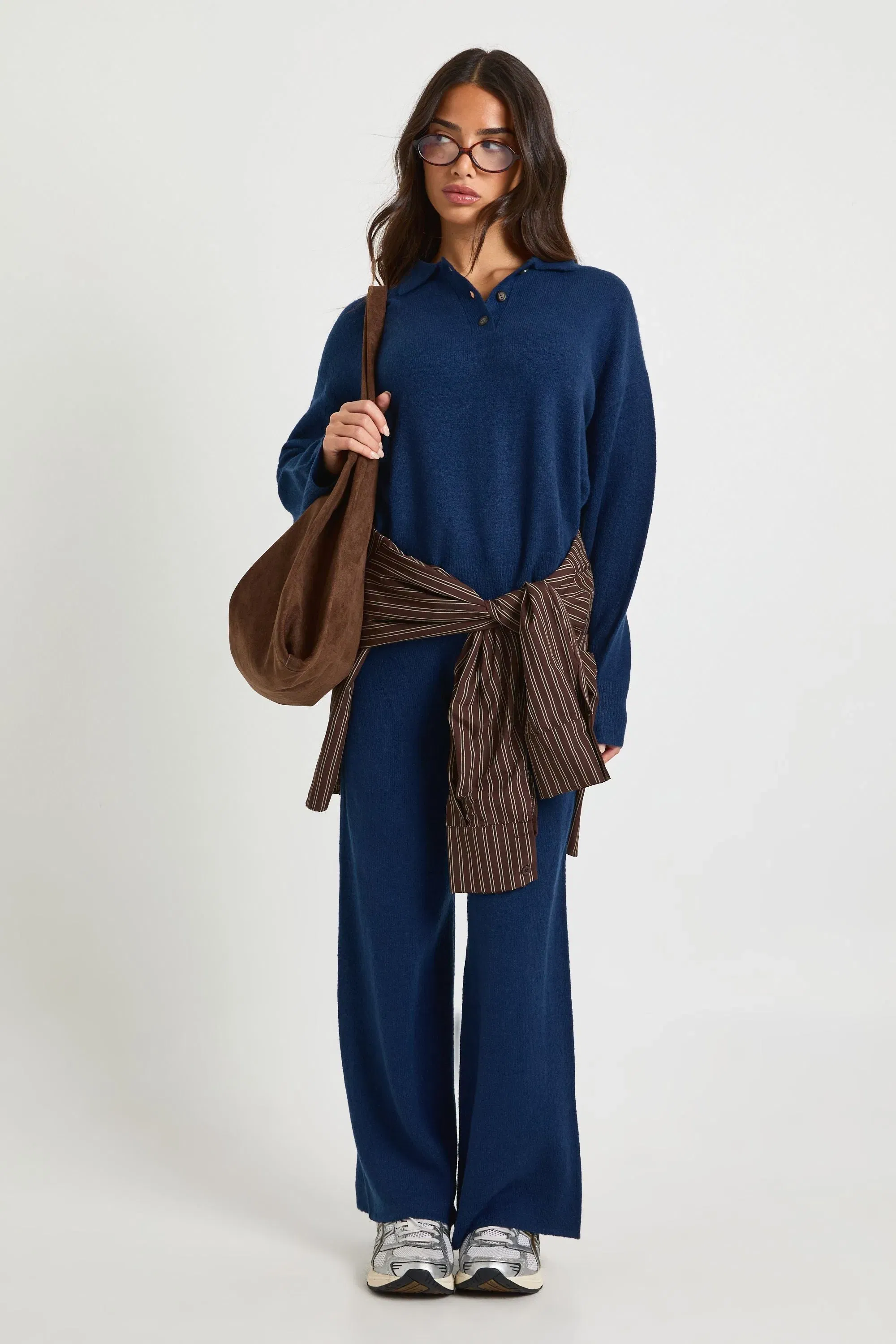 Petite Collared Button Down Oversized Knitted Jumper And Straight Leg Trouser Co-Ord
