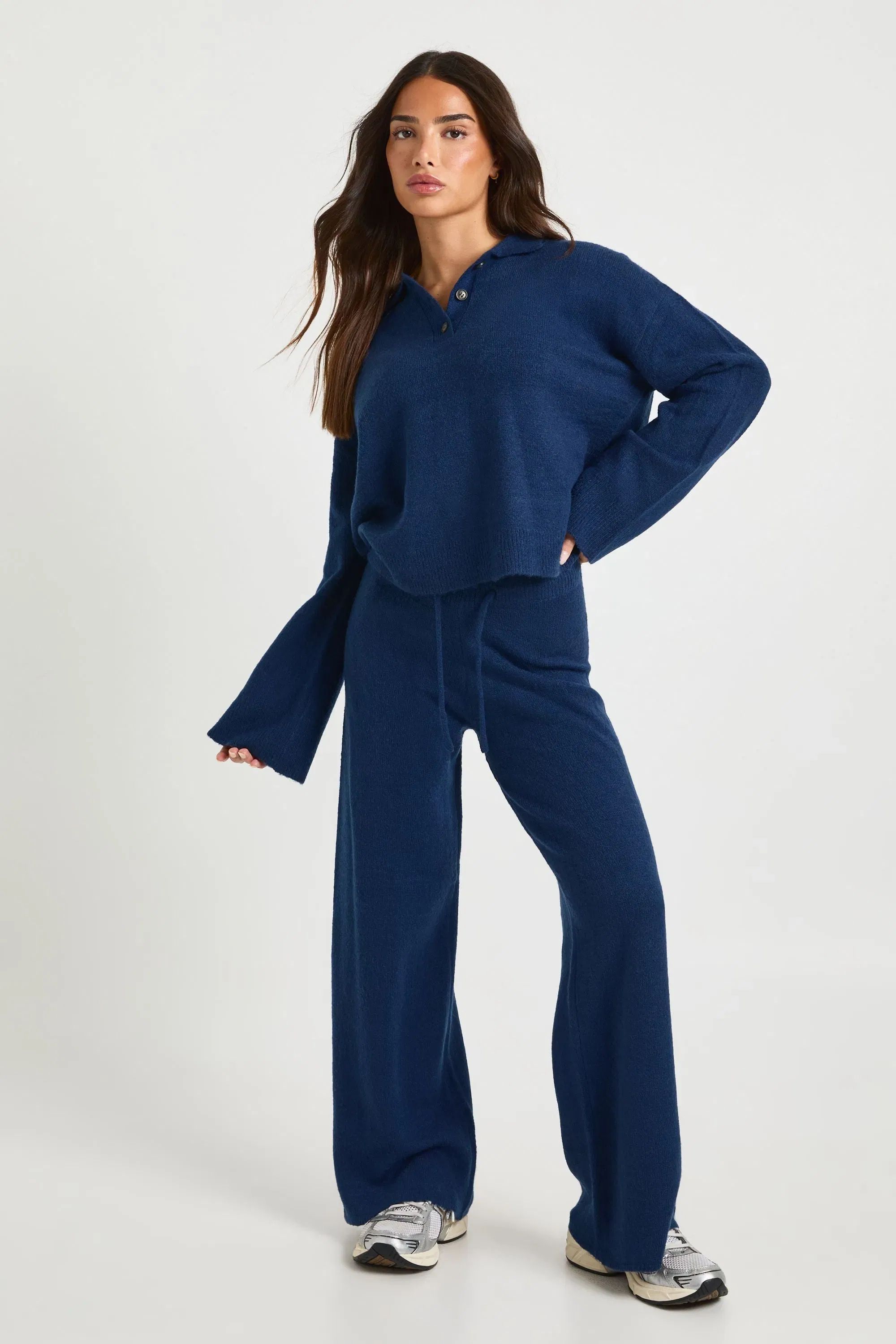 Petite Collared Button Down Oversized Knitted Jumper And Straight Leg Trouser Co-Ord