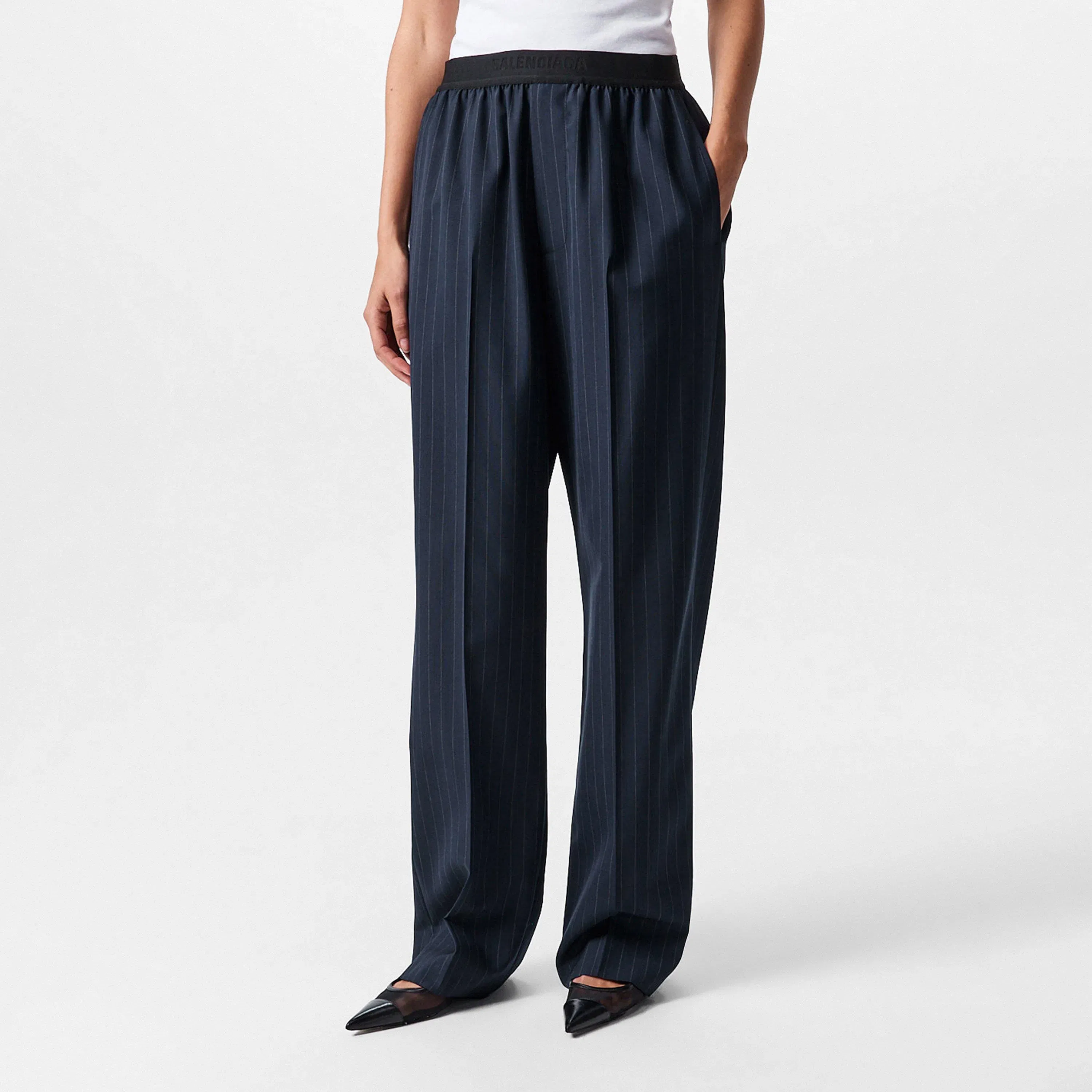 Pinstripe High Rise Relaxed Fit Wide Leg Trousers