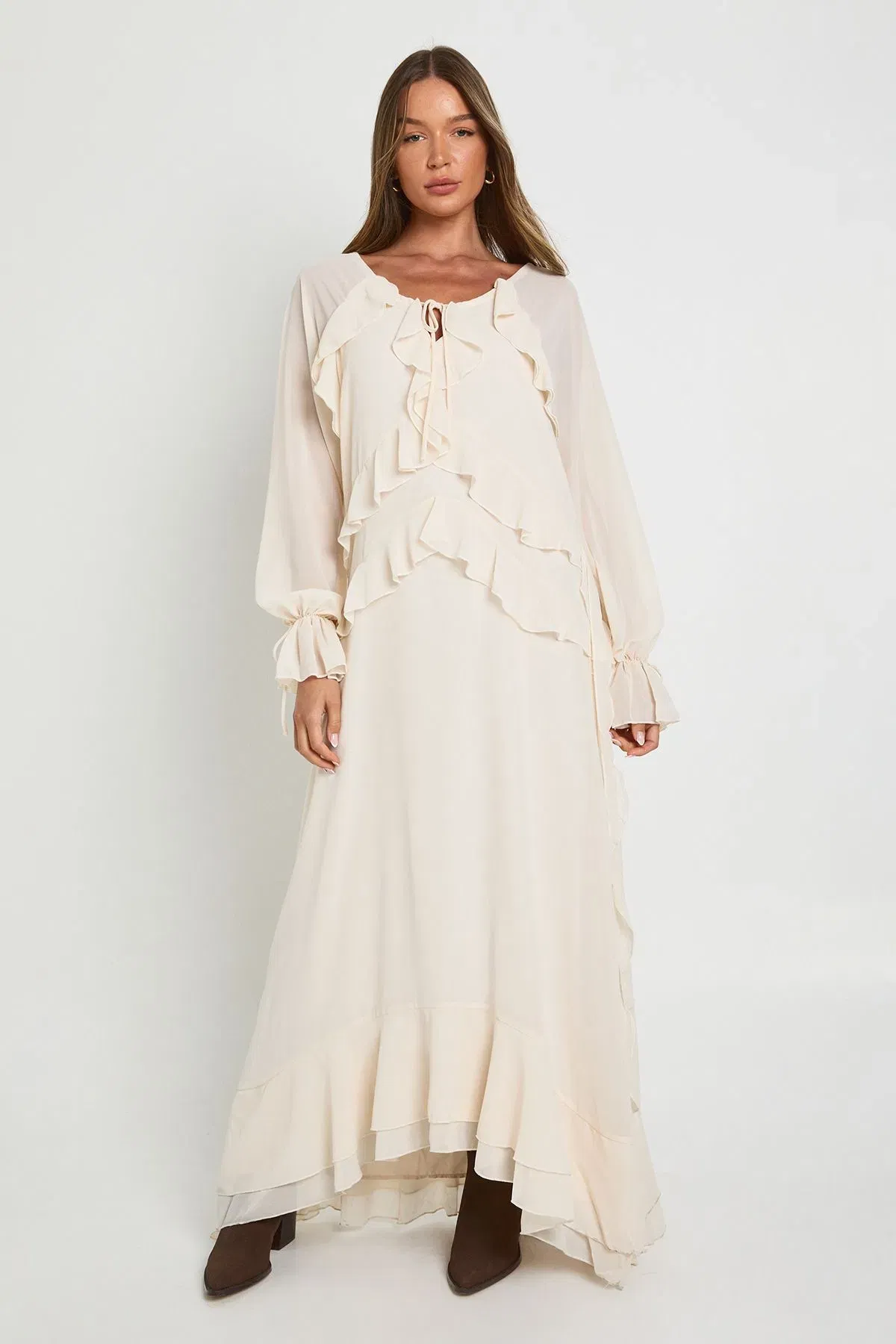 Ruffle Front Smock Maxi Dress