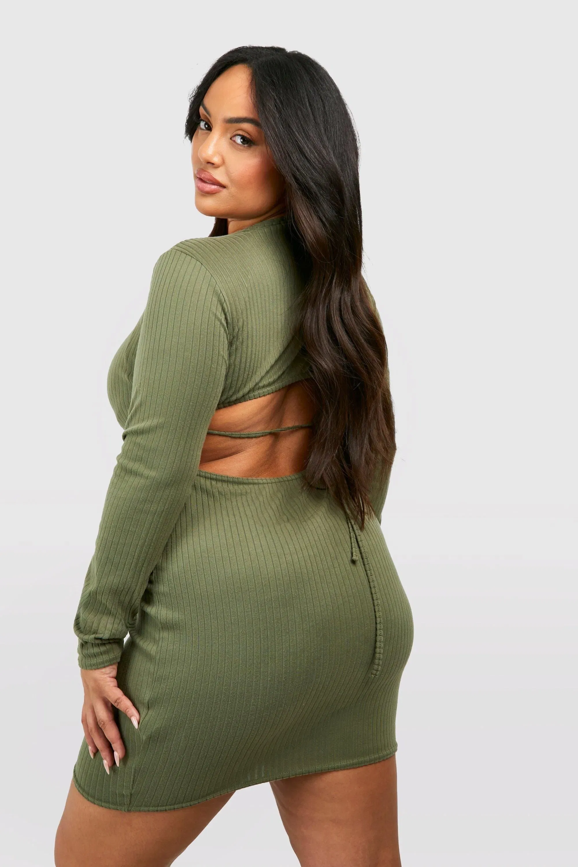 Plus Tie Back Flare Sleeve Rib Dress