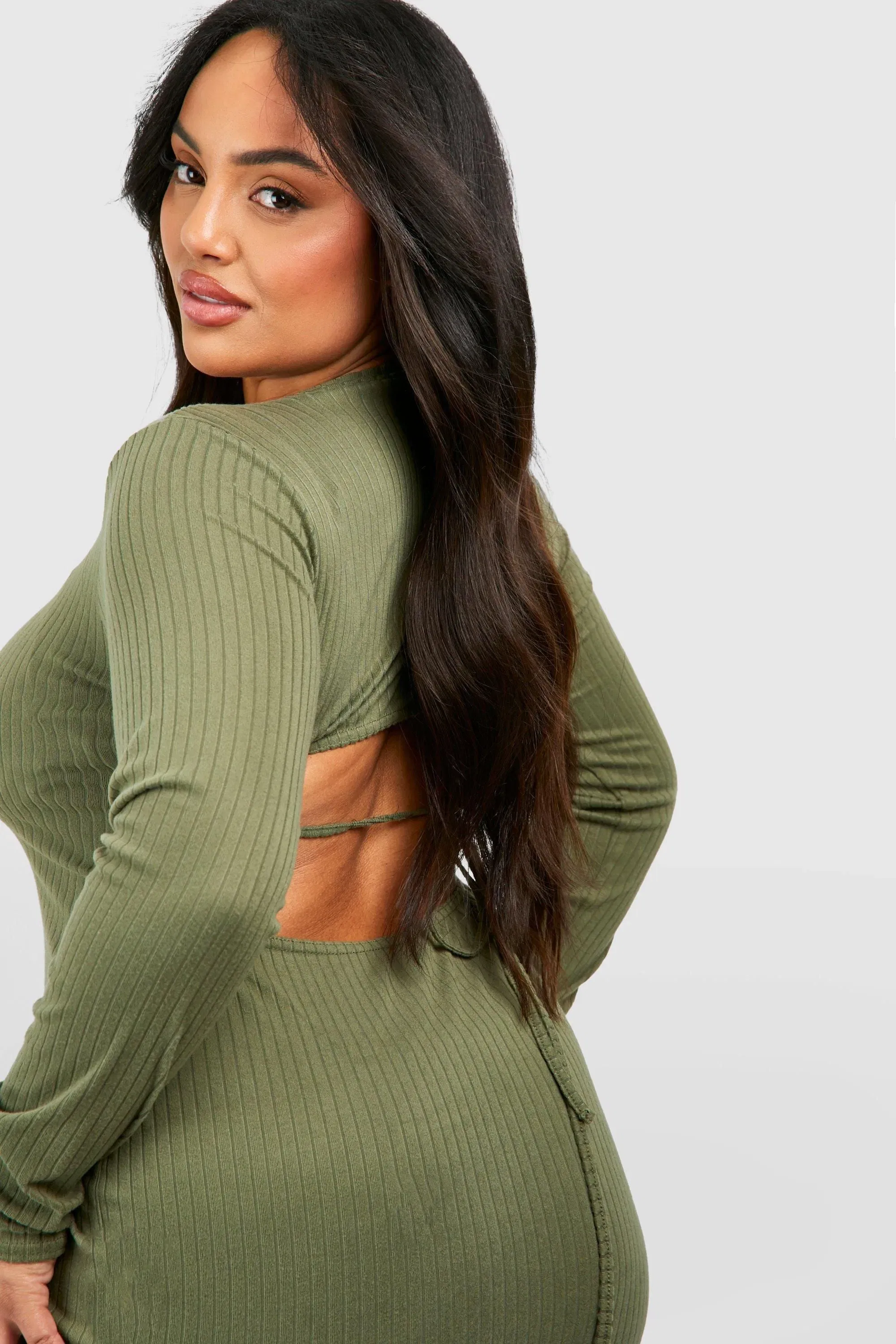 Plus Tie Back Flare Sleeve Rib Dress