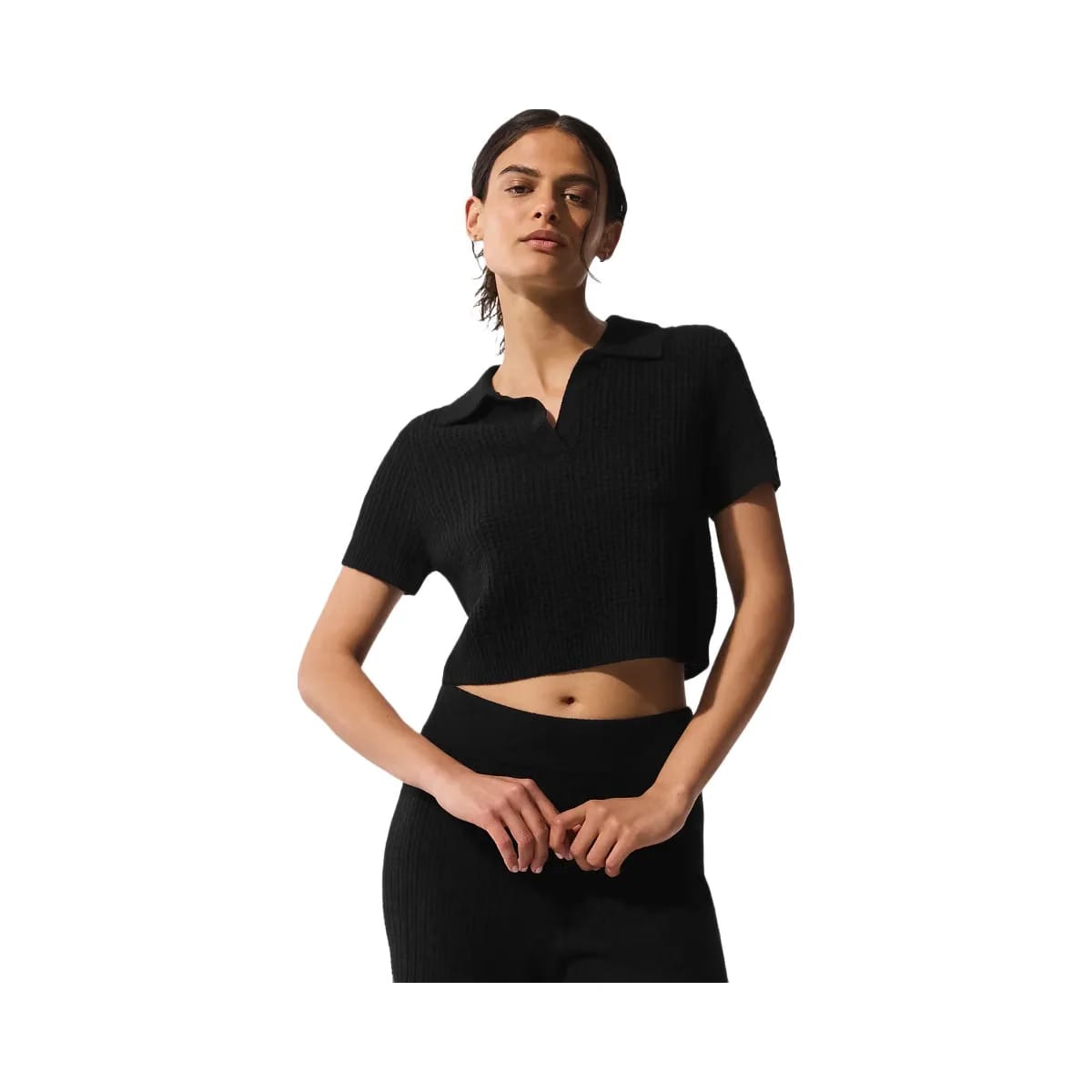 Alo Women's Cashmere Plush Waffle Polo Tee - Black