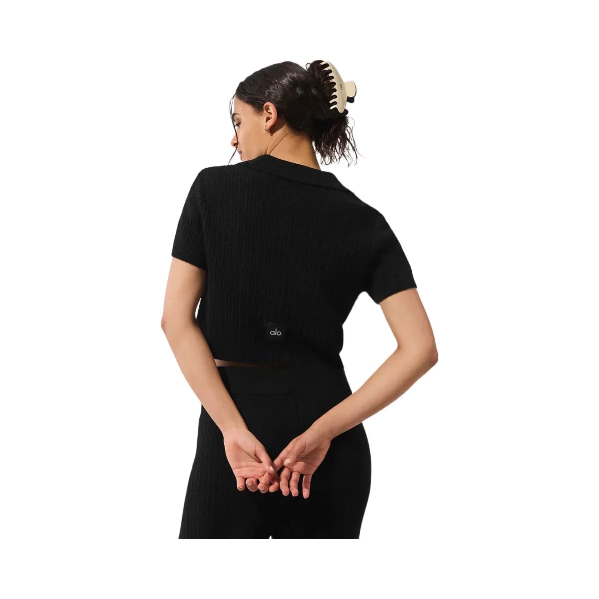 Alo Women's Cashmere Plush Waffle Polo Tee - Black