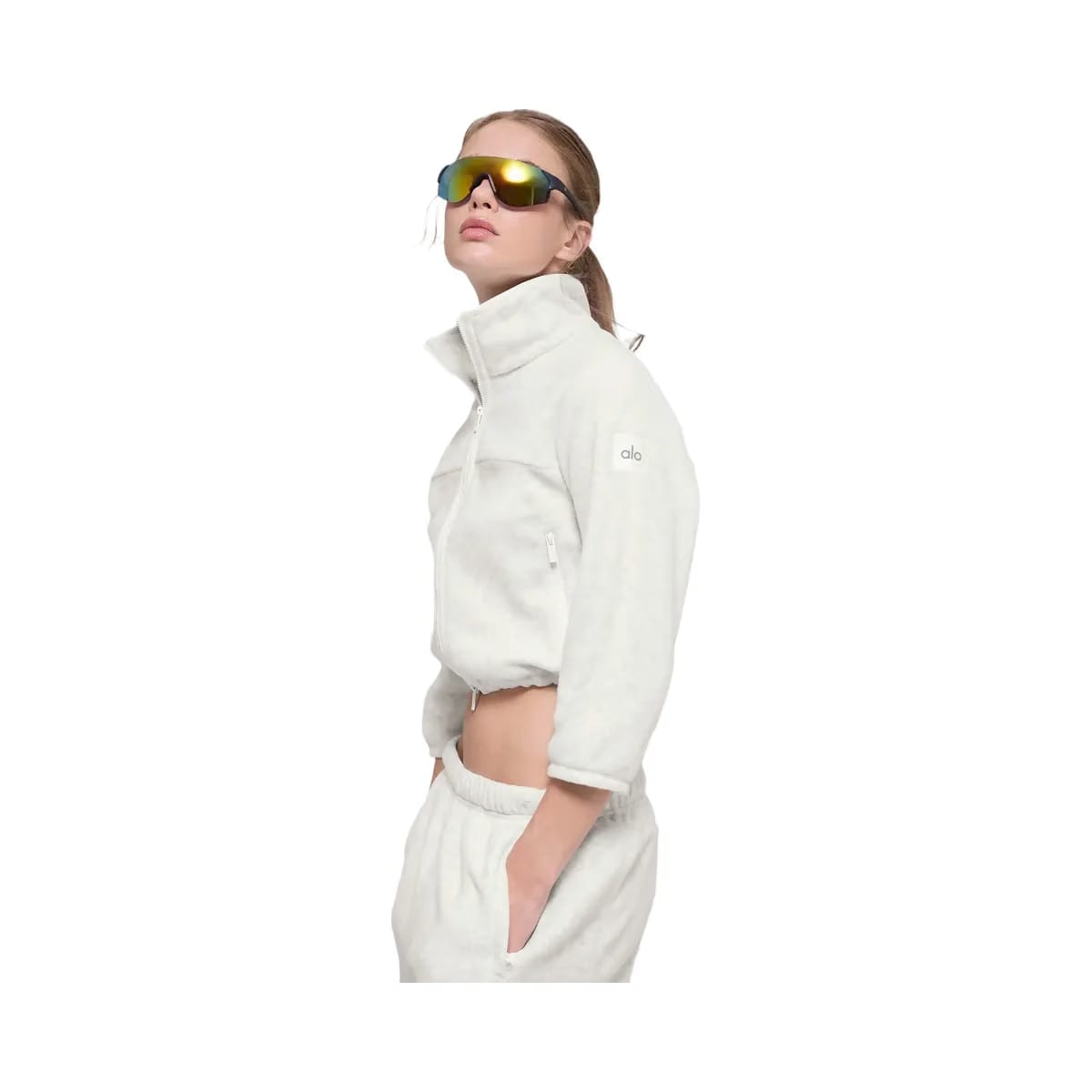 Alo Women's Polar Fleece Retreat Cropped Jacket - White Heather Grey