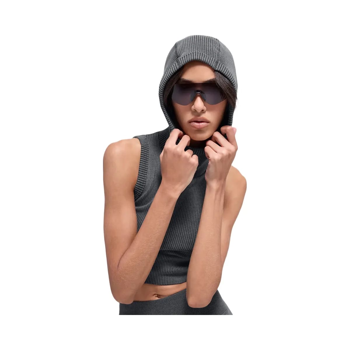 Alo Women's Seamless Two Tone Rib Hooded Vest - Dark Misty Grey Heather