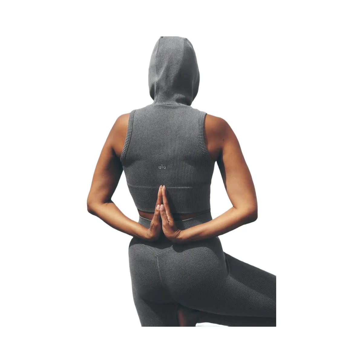 Alo Women's Seamless Two Tone Rib Hooded Vest - Dark Misty Grey Heather