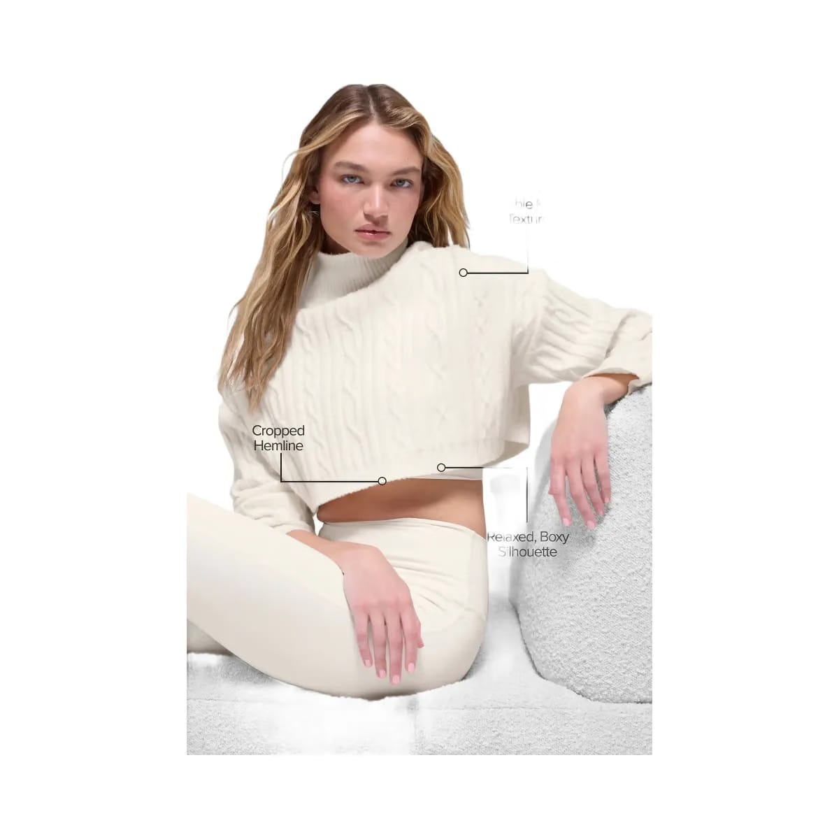 Alo Women's Cable Knit Cropped Winter Bliss Turtleneck Long Sleeve - Ivory