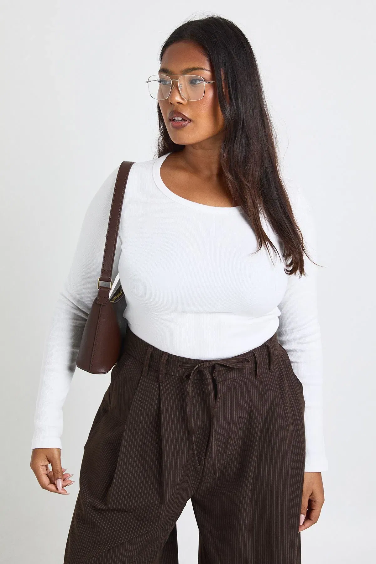 Plus Basic Rib Scoop Neck Longline Long Sleeve Fitted Top