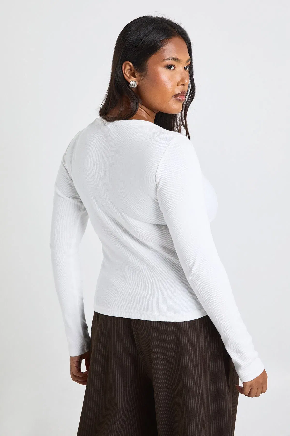 Plus Basic Rib Scoop Neck Longline Long Sleeve Fitted Top