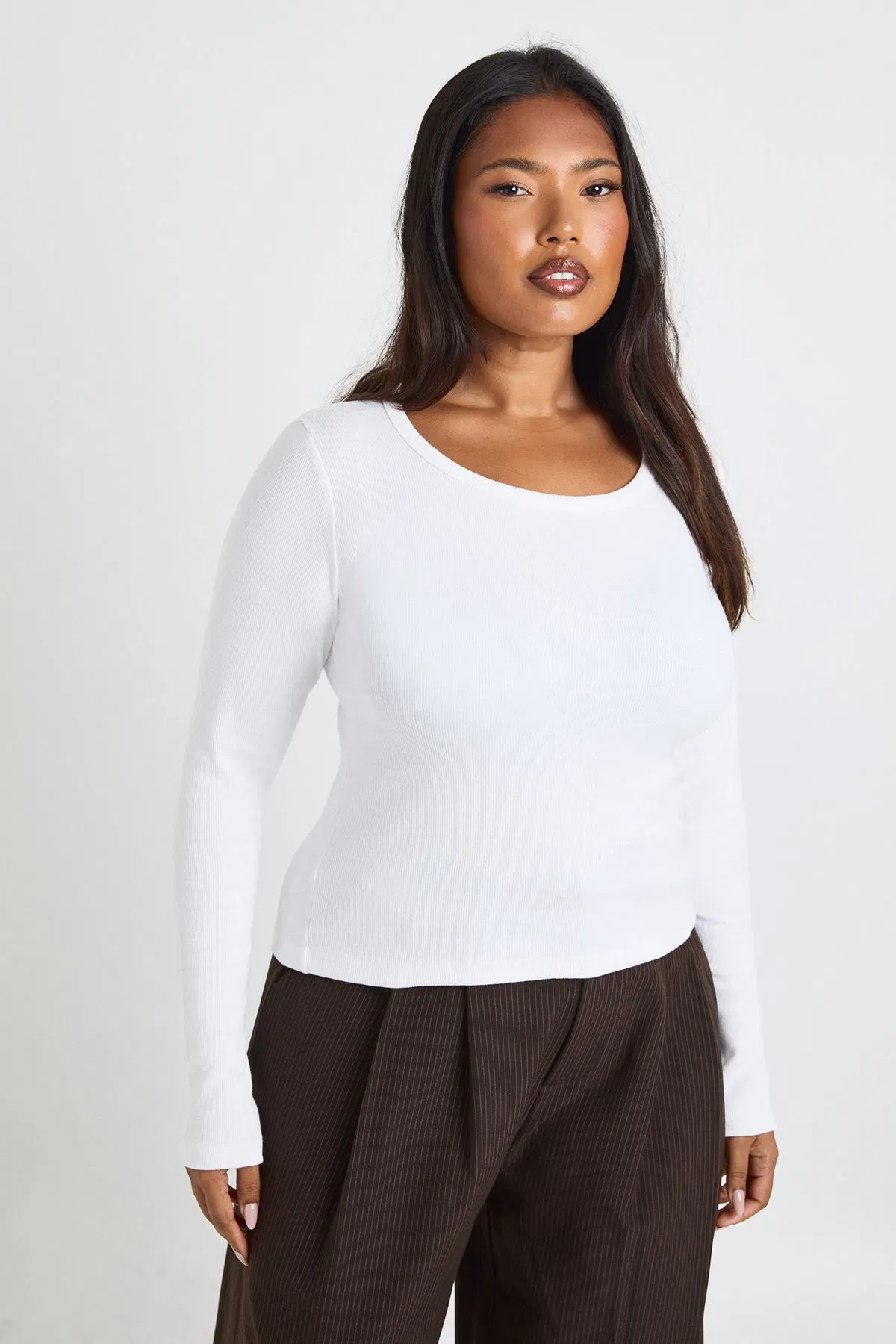 Plus Basic Rib Scoop Neck Longline Long Sleeve Fitted Top