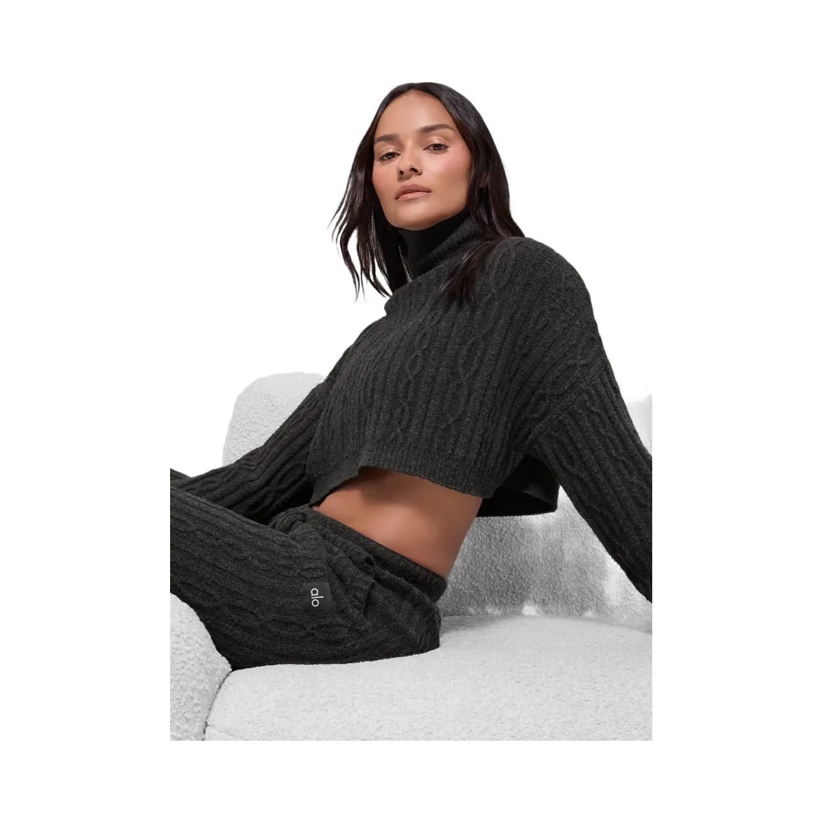 Alo Women's Cable Knit Cropped Winter Bliss Turtleneck Long Sleeve - Dark Heather Grey