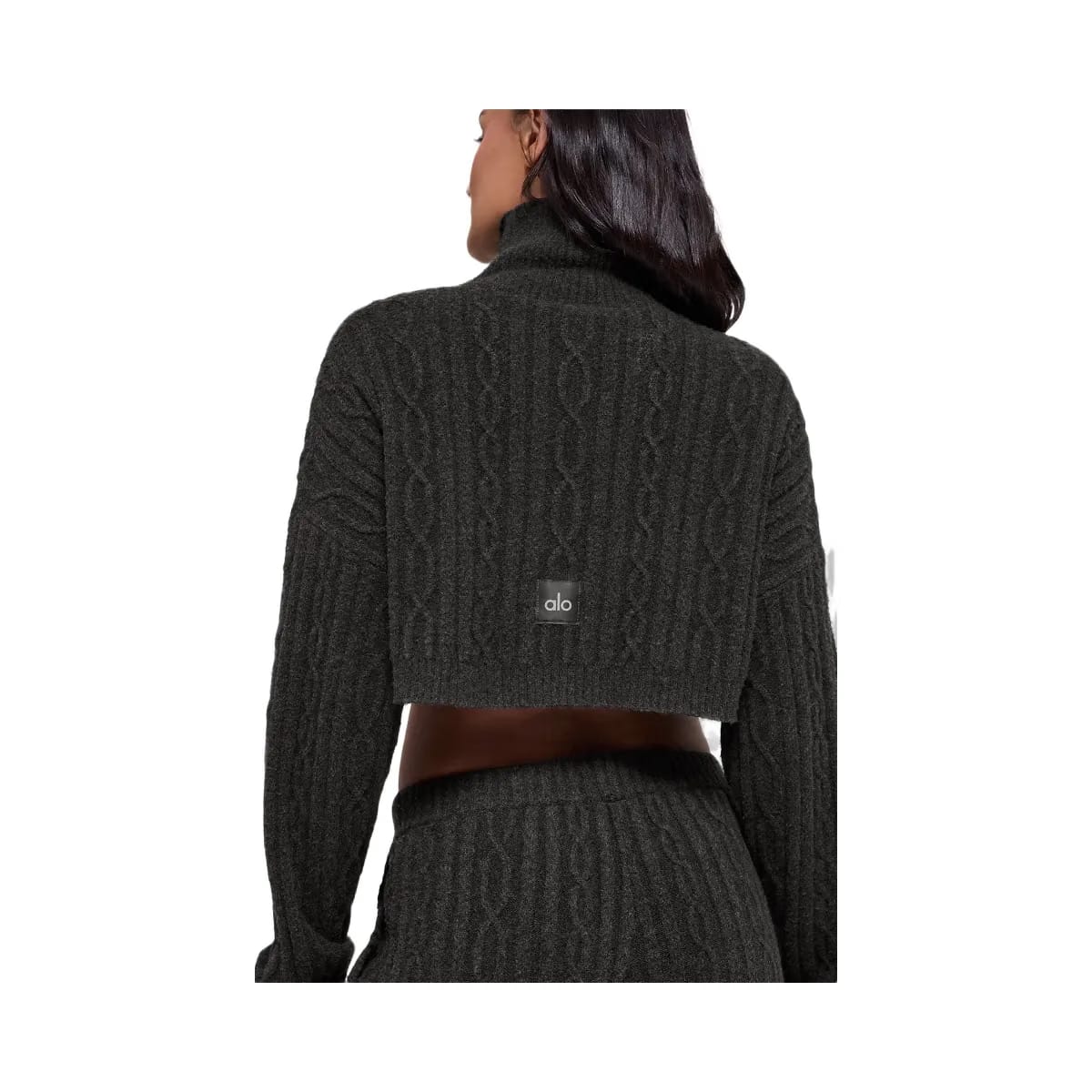 Alo Women's Cable Knit Cropped Winter Bliss Turtleneck Long Sleeve - Dark Heather Grey
