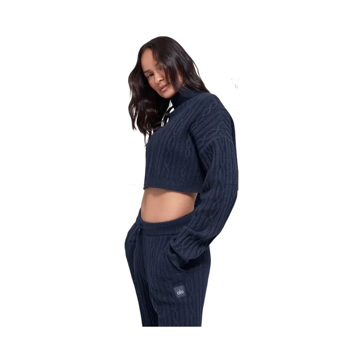 Alo Women's Cable Knit Cropped Winter Bliss Turtleneck Long Sleeve - Navy