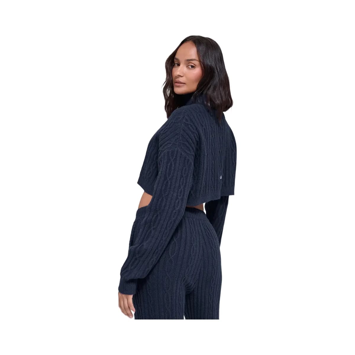 Alo Women's Cable Knit Cropped Winter Bliss Turtleneck Long Sleeve - Navy