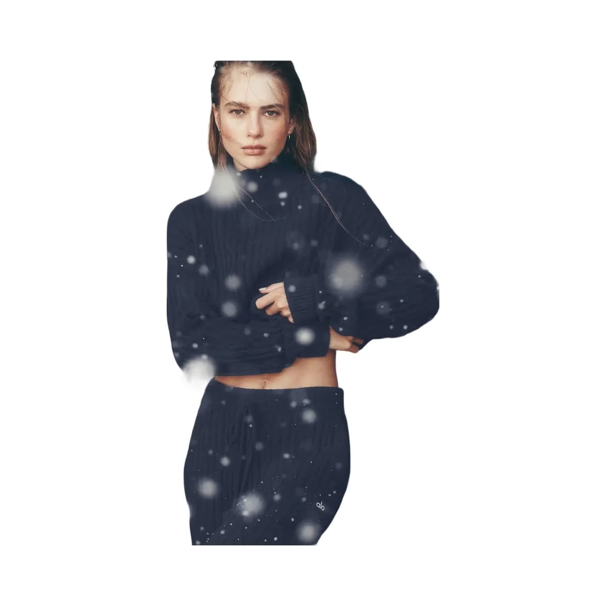 Alo Women's Cable Knit Cropped Winter Bliss Turtleneck Long Sleeve - Navy