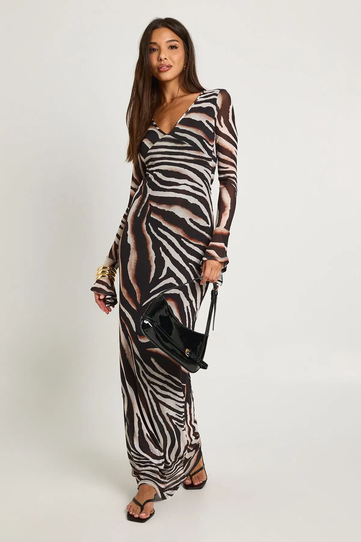 Zebra Printed Long Sleeve Maxi Dress