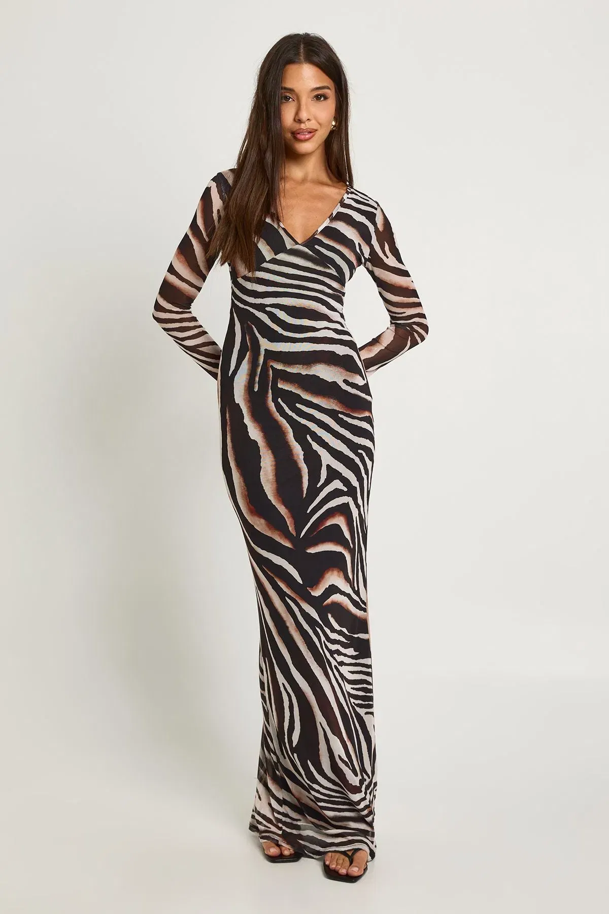 Zebra Printed Long Sleeve Maxi Dress