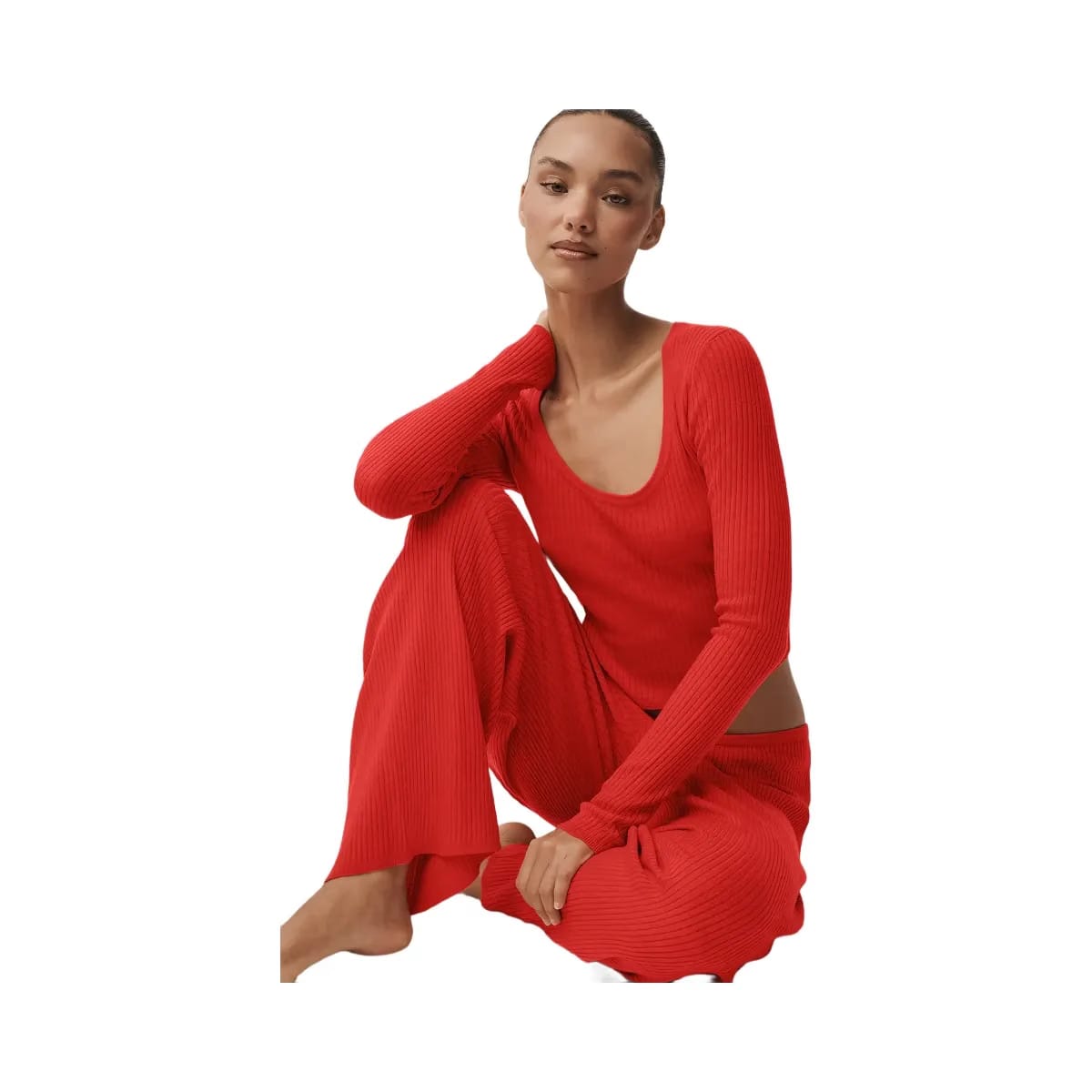 Alo Women's Sweater Knit Mid-Rise Unwind Wide Leg Pant - Bright Red