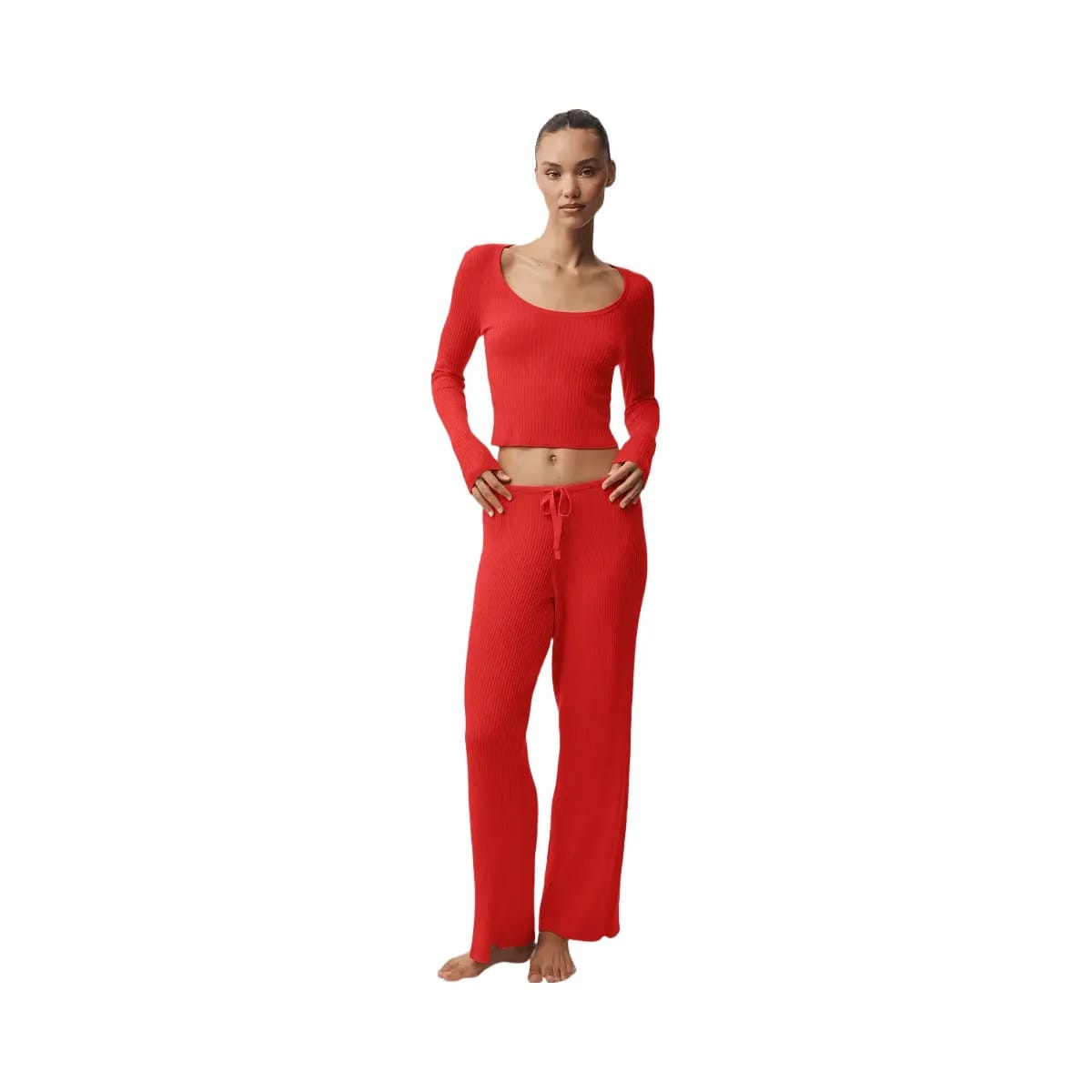 Alo Women's Sweater Knit Mid-Rise Unwind Wide Leg Pant - Bright Red