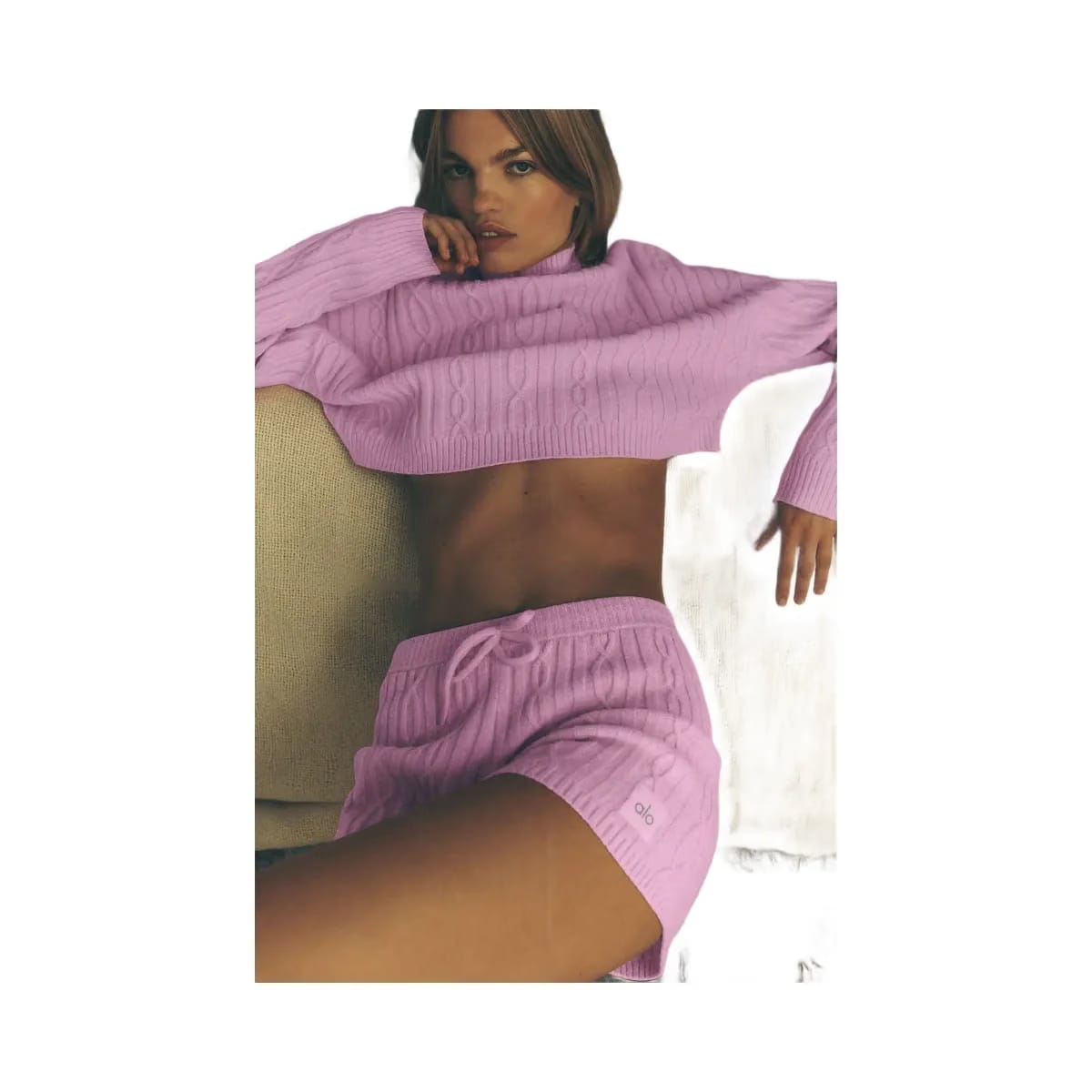 Alo Women's Cable Knit Winter Bliss Short - Candy Heart Pink