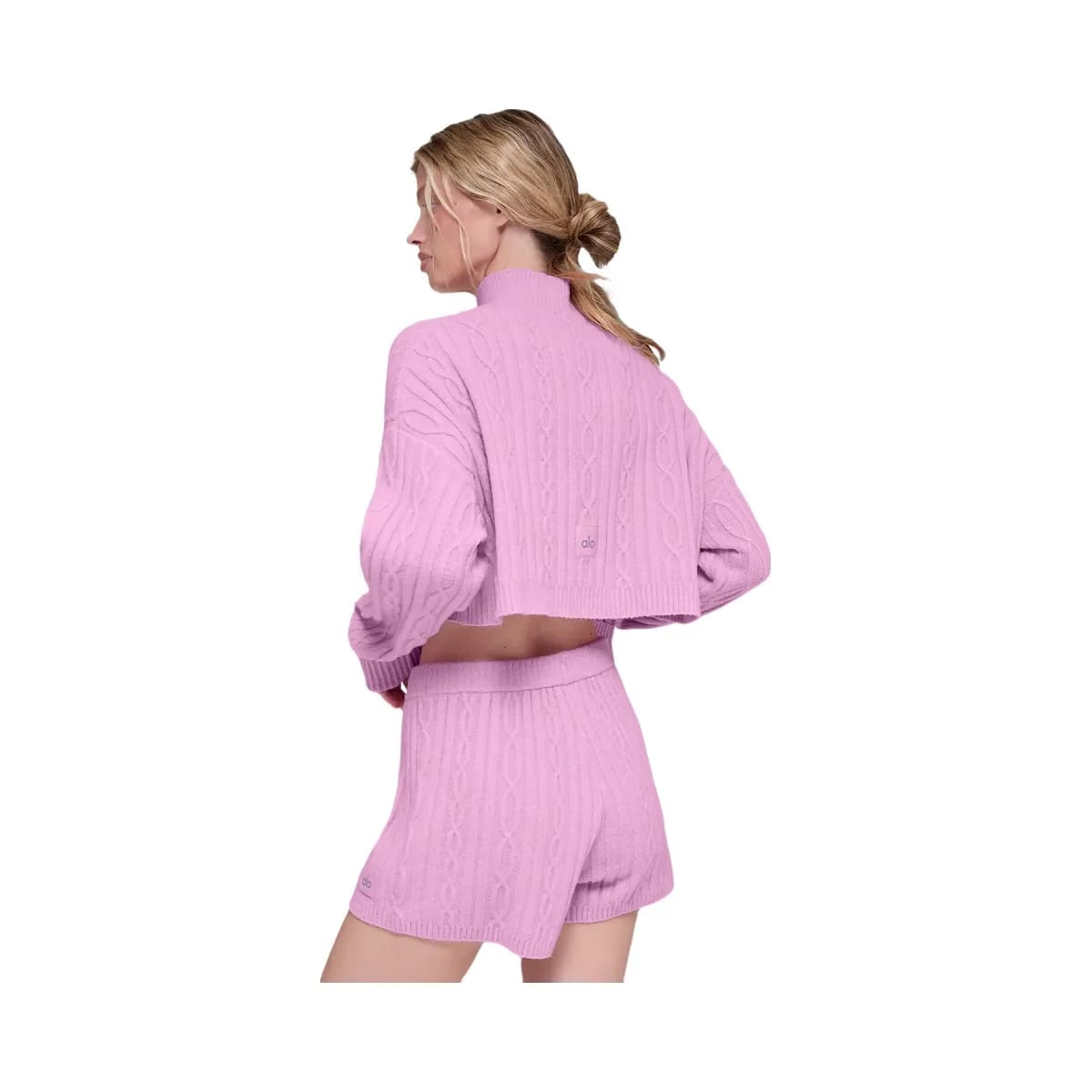 Alo Women's Cable Knit Cropped Winter Bliss Turtleneck Long Sleeve - Candy Heart Pink