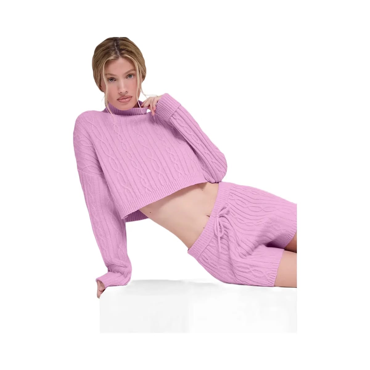 Alo Women's Cable Knit Cropped Winter Bliss Turtleneck Long Sleeve - Candy Heart Pink