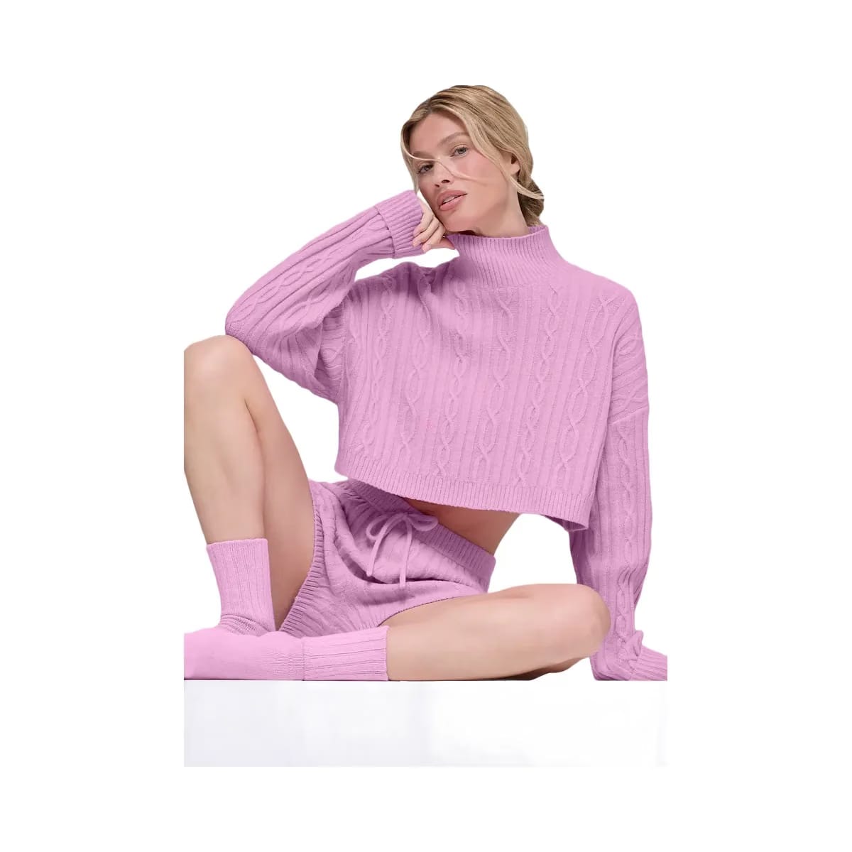 Alo Women's Cable Knit Cropped Winter Bliss Turtleneck Long Sleeve - Candy Heart Pink