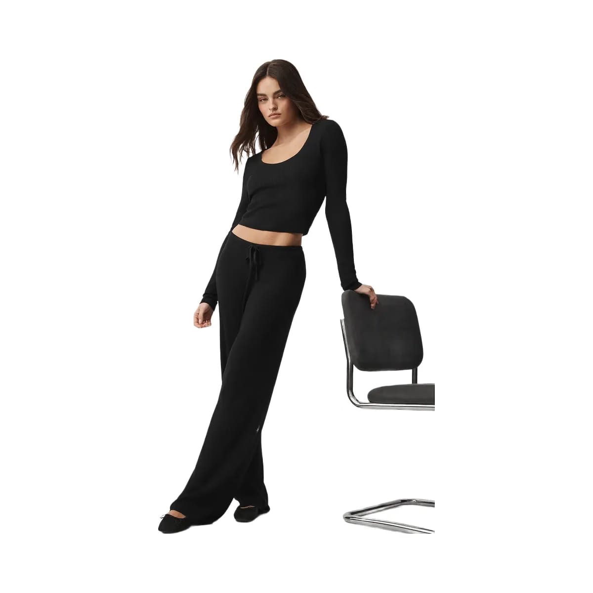 Alo Women's Sweater Knit Mid-Rise Unwind Wide Leg Pant - Black