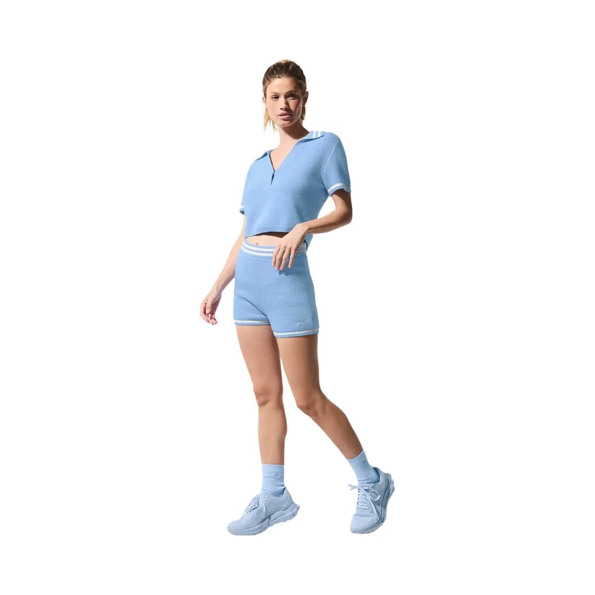 Alo Women's Tennis Club Sweater Knit Hot Short - Seashell Blue/White