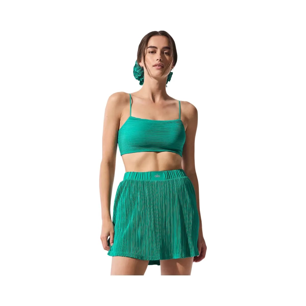 Alo Women's Micro Plisse Game On Bra - Spruce Green