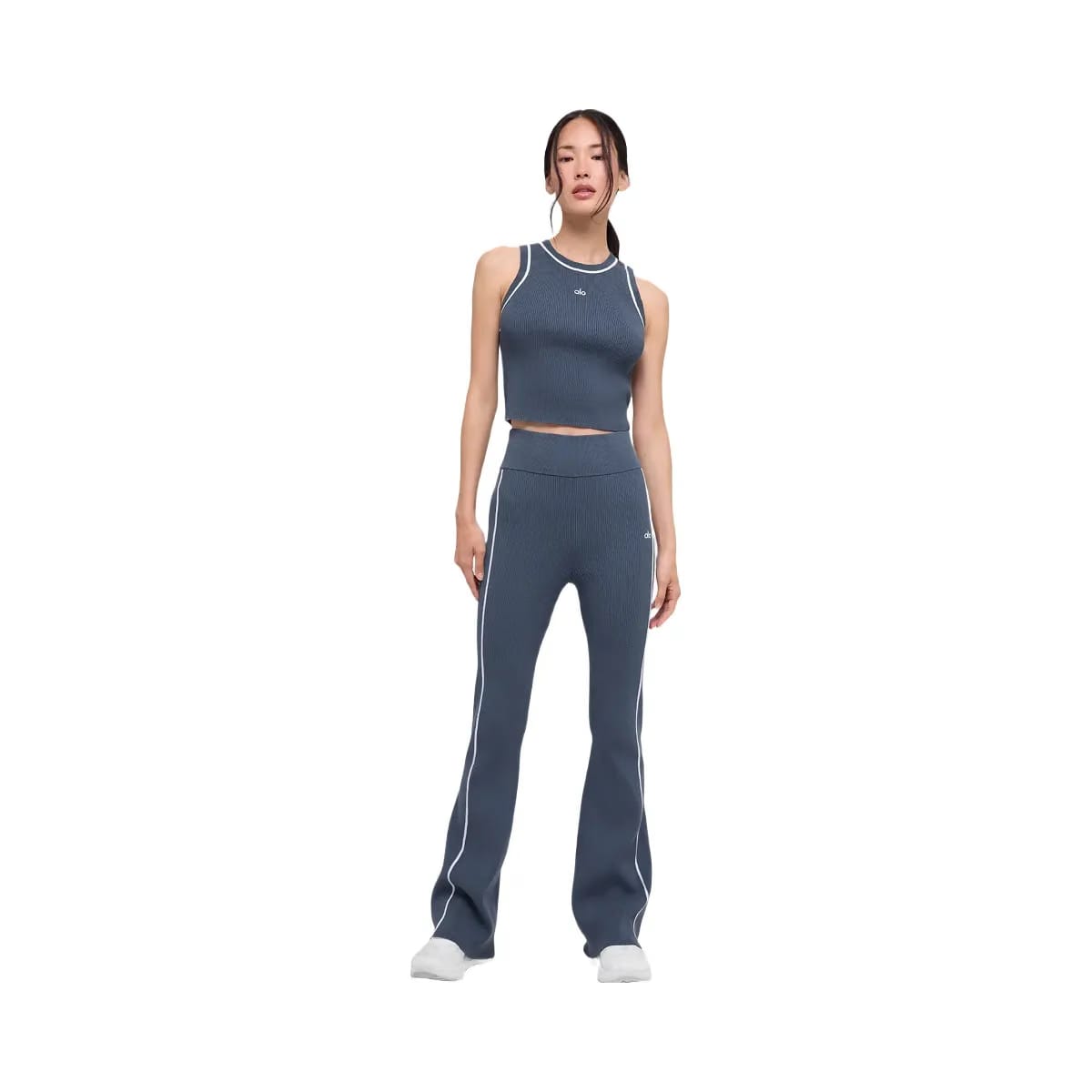 Alo Women's Ribbed Sweater Knit Highline Flare Pant - Bluestone/White