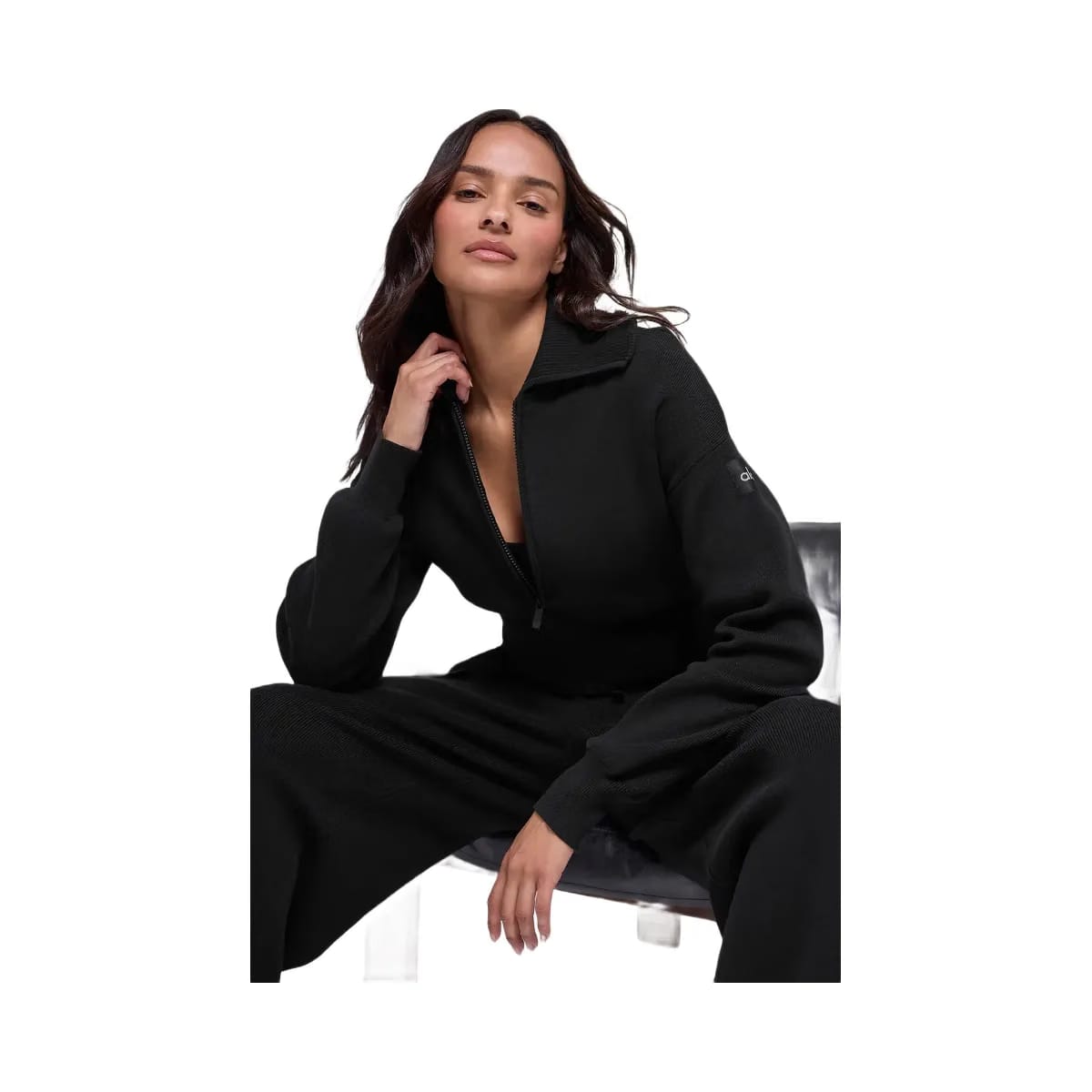 Alo Women's Scholar Knit Cropped Full Zip Jacket - Black