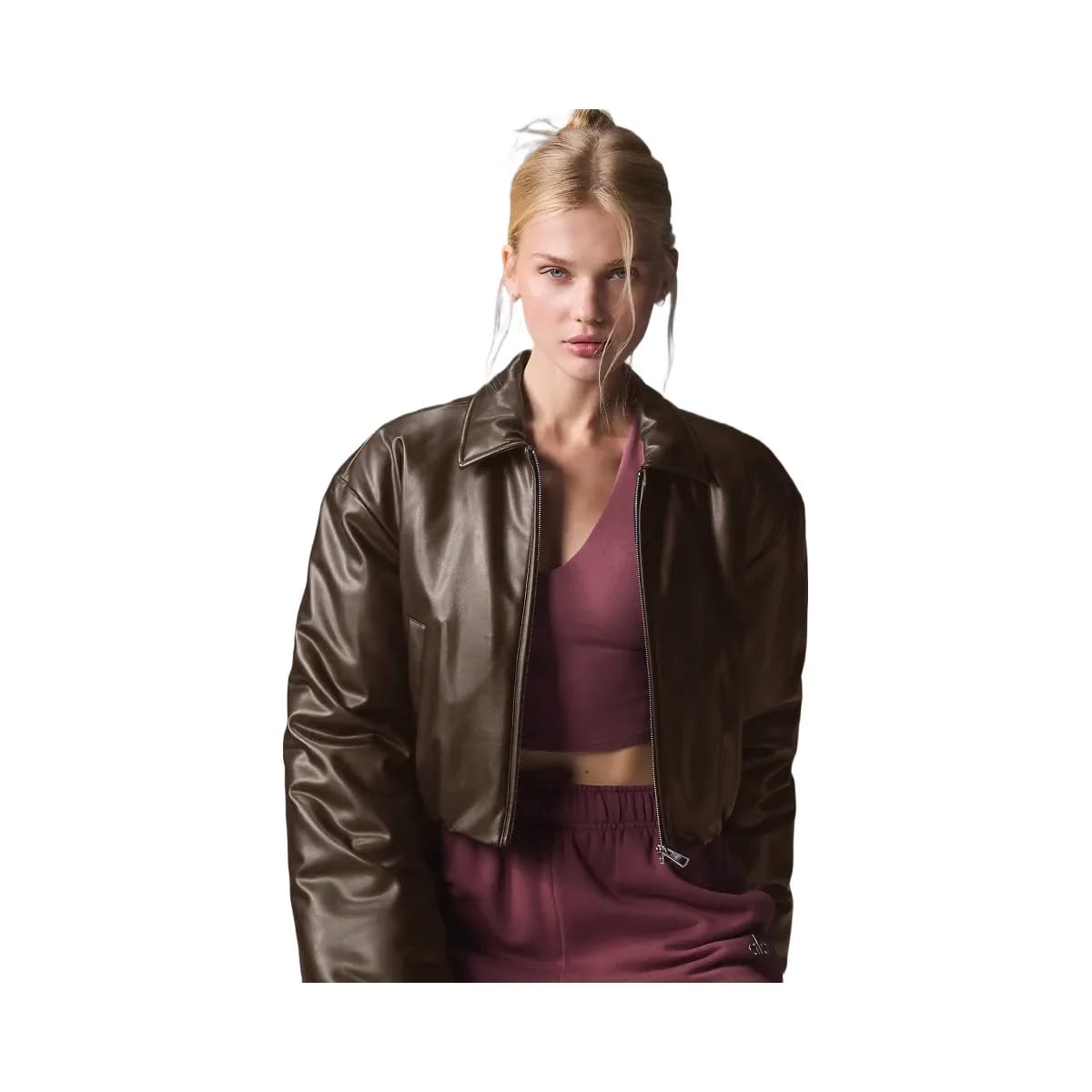 Alo Women's Faux Leather Cropped Premier Bomber - Espresso