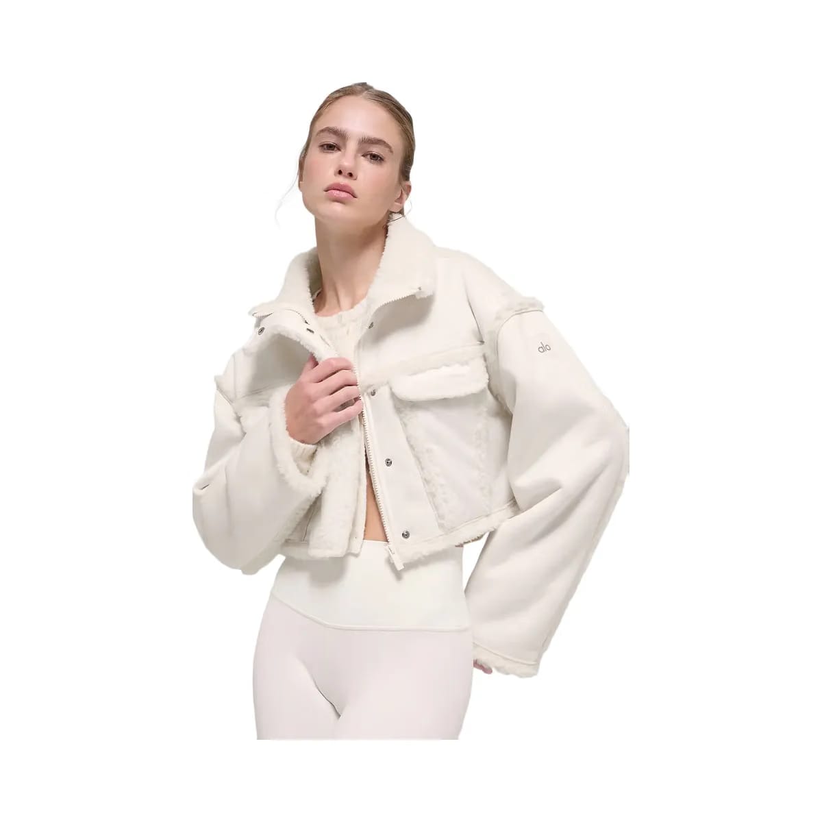 Alo Women's Faux Shearling Snowfall Cropped Jacket - Ivory