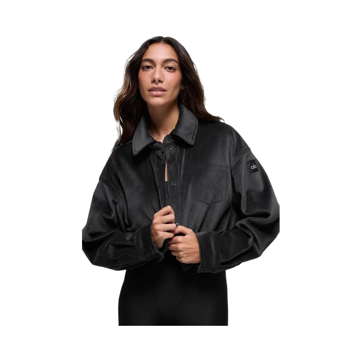 Alo Women's Ribbed Velour Cropped Mountain Side Jacket - Black