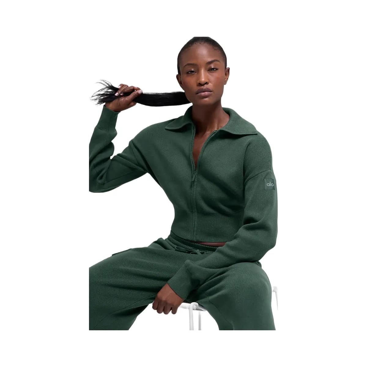 Alo Women's Scholar Knit Cropped Full Zip Jacket - Clover Green