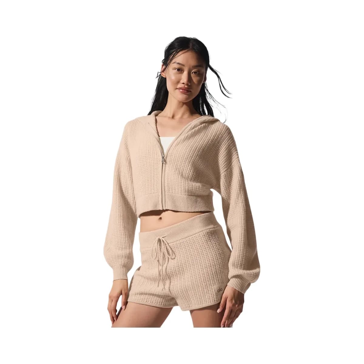 Alo Women's Cashmere Plush Waffle Full Zip Hoodie - Macadamia Blush