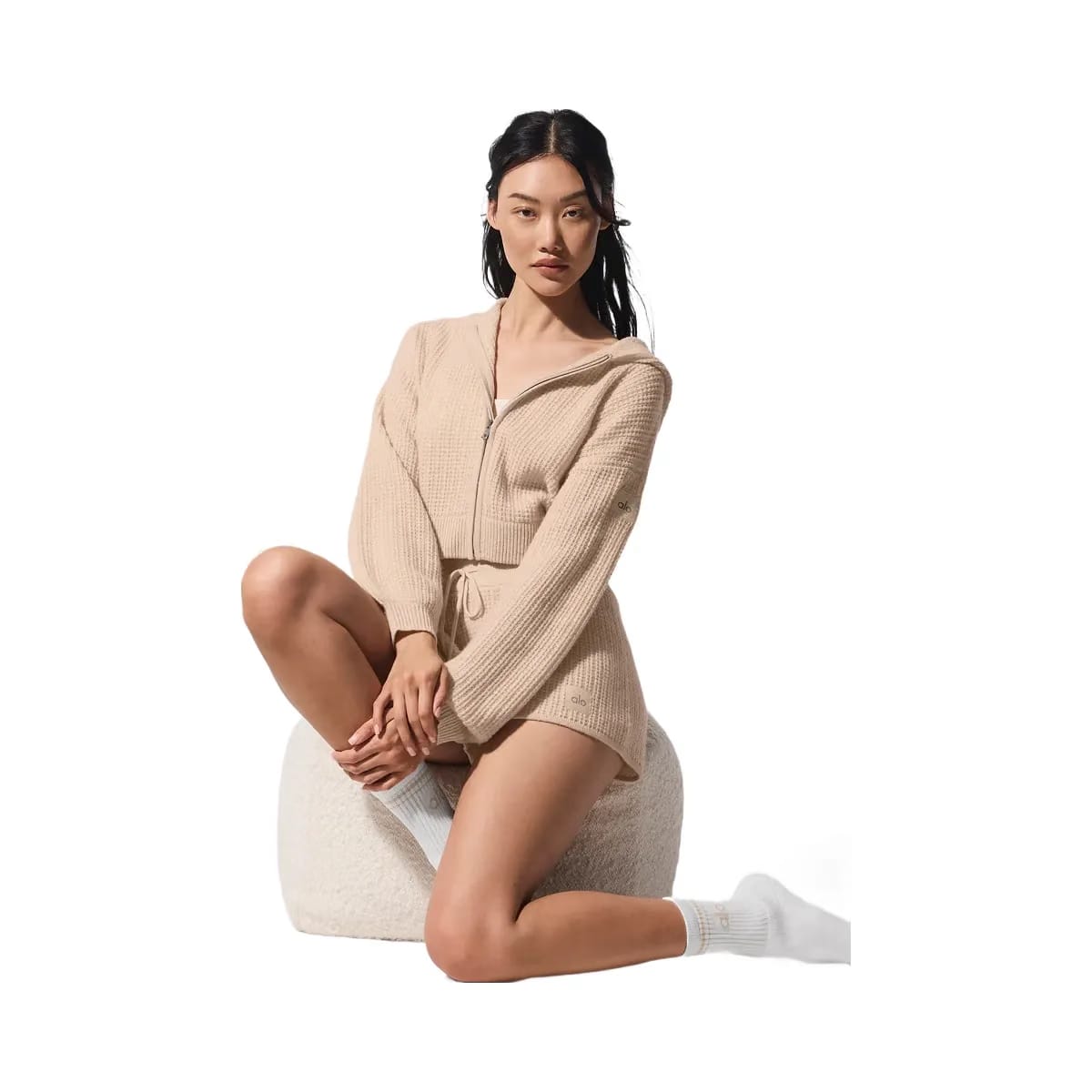 Alo Women's Cashmere Plush Waffle Full Zip Hoodie - Macadamia Blush