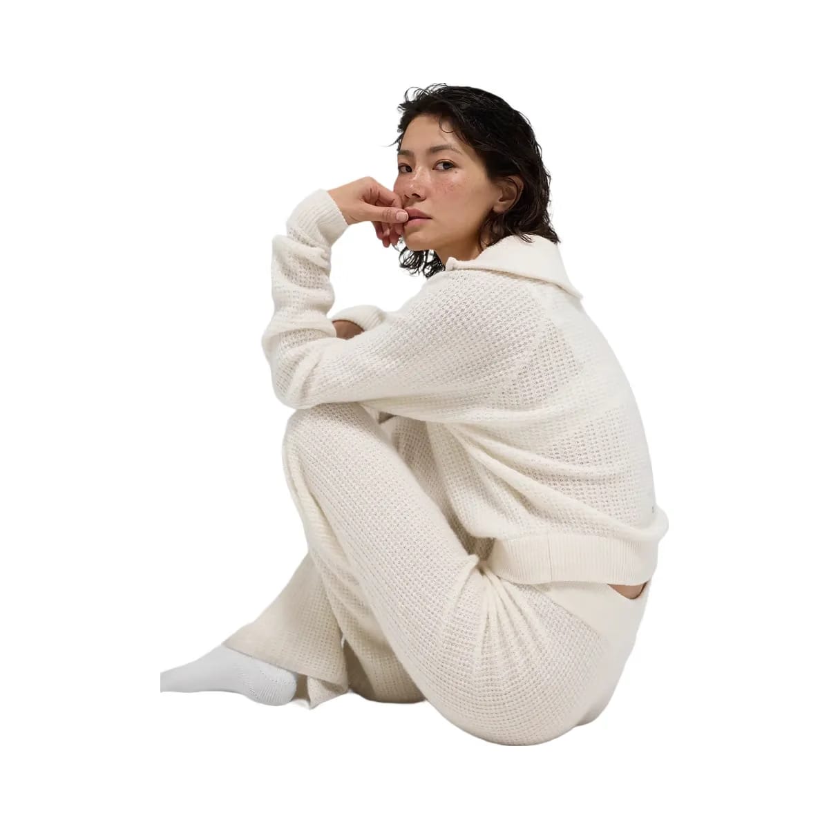 Alo Women's Cashmere Plush Waffle 1/4 Zip Pullover - Ivory