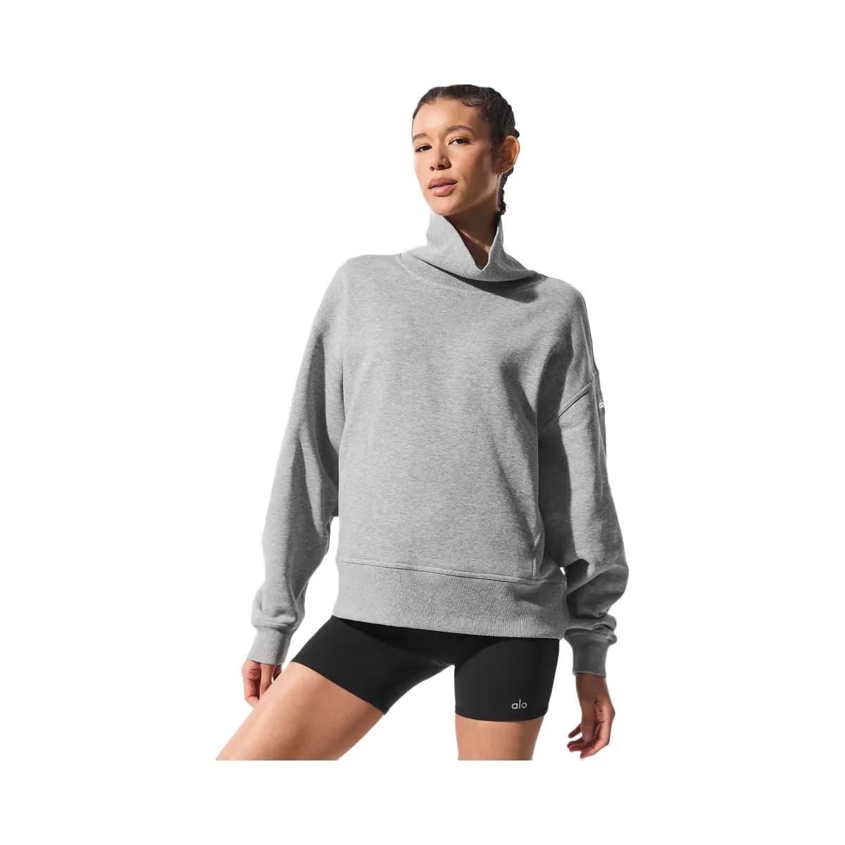 Alo Women's Hazy Mock Neck Pullover - Dark Athletic Heather Grey