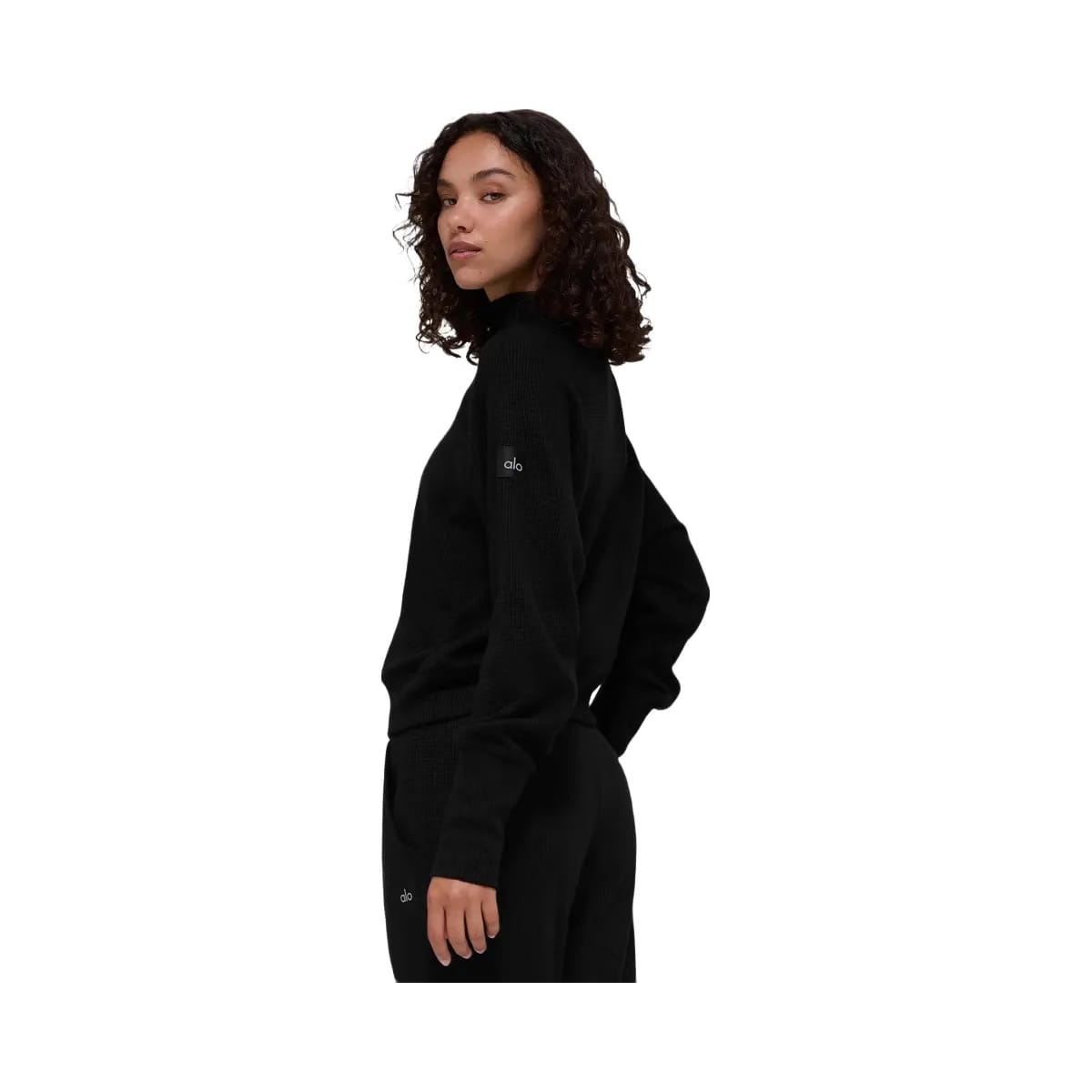 Alo Women's Waffle Weekend Escape Mock Neck Long Sleeve - Black