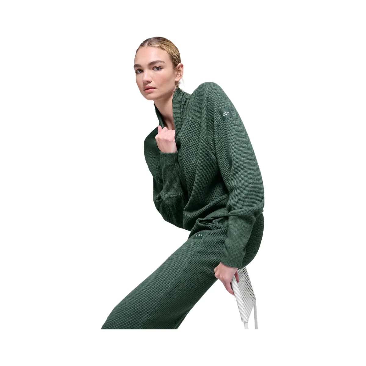 Alo Women's Waffle Weekend Escape Mock Neck Long Sleeve - Clover Green