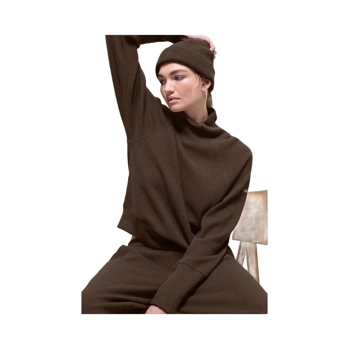 Alo Women's Waffle Weekend Escape Mock Neck Long Sleeve - Espresso