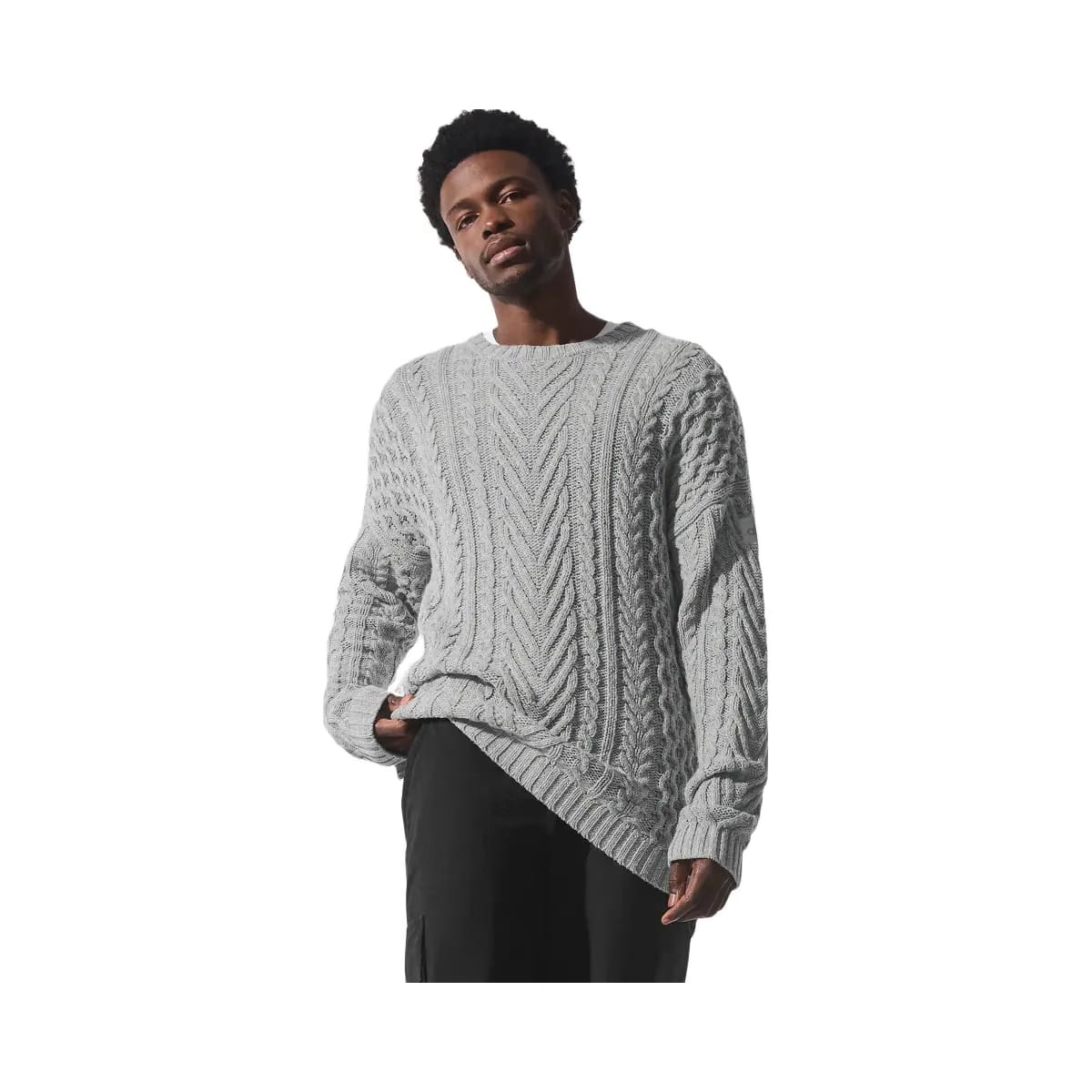 Alo Men's Cable Knit Crew Neck Sweater - Athletic Heather Grey