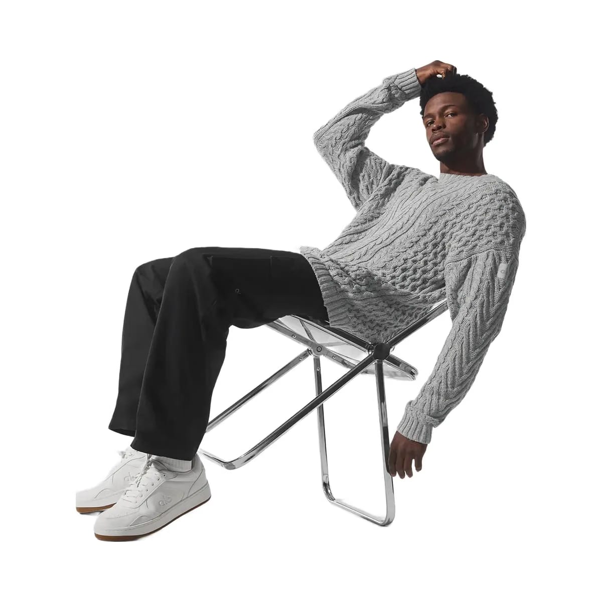 Alo Men's Cable Knit Crew Neck Sweater - Athletic Heather Grey