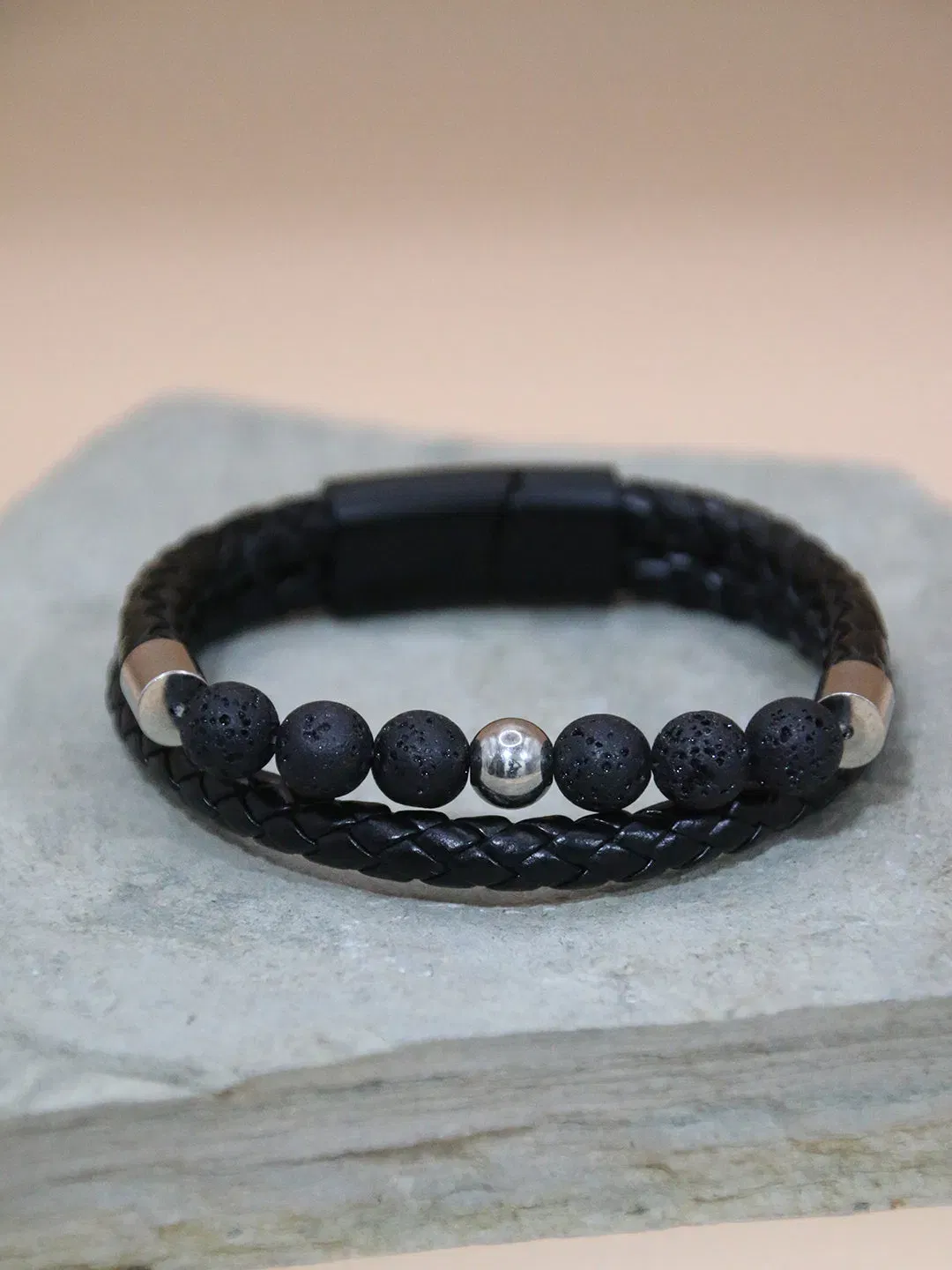 DUAL-LAYER CHARCOAL BEADS BRACELET FOR MEN