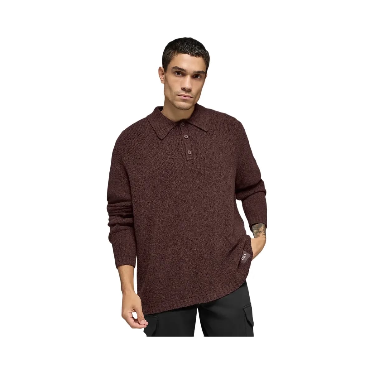 Alo Men's Textured Knit Long Sleeve Polo - Brownstone
