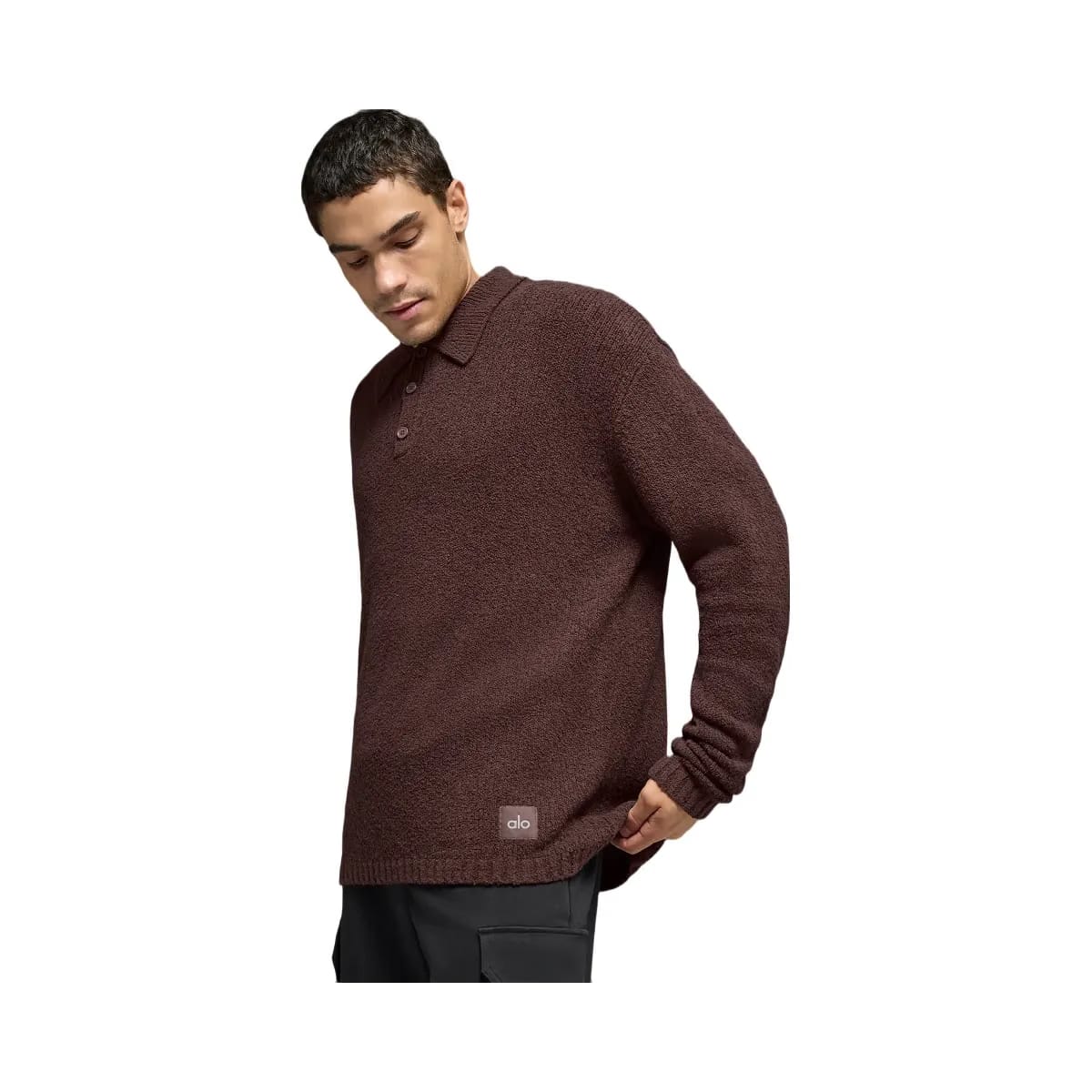 Alo Men's Textured Knit Long Sleeve Polo - Brownstone